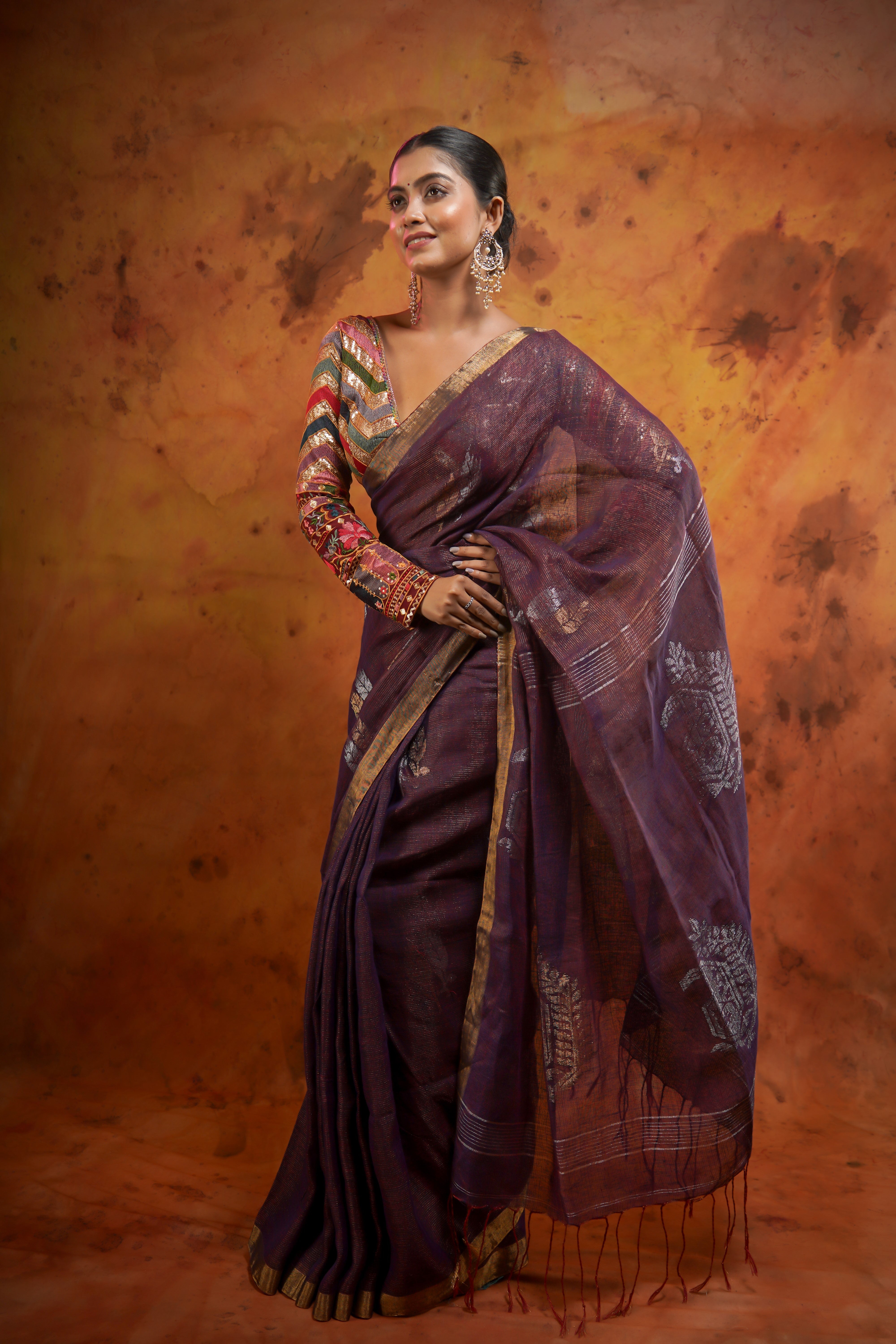 Dark Purple Pure Linen Hand woven Saree with Floral Design