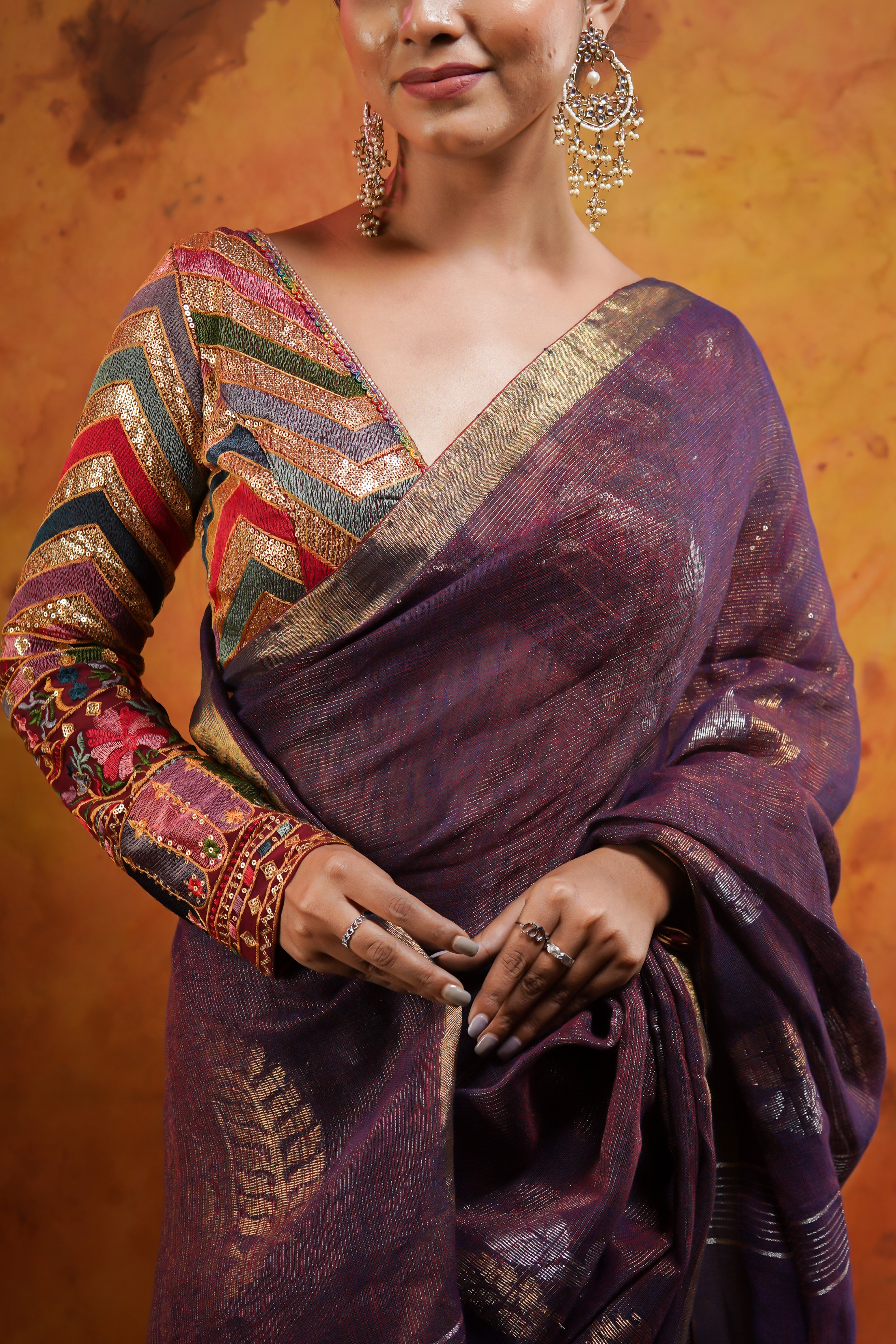 Dark Purple Pure Linen Hand woven Saree with Floral Design