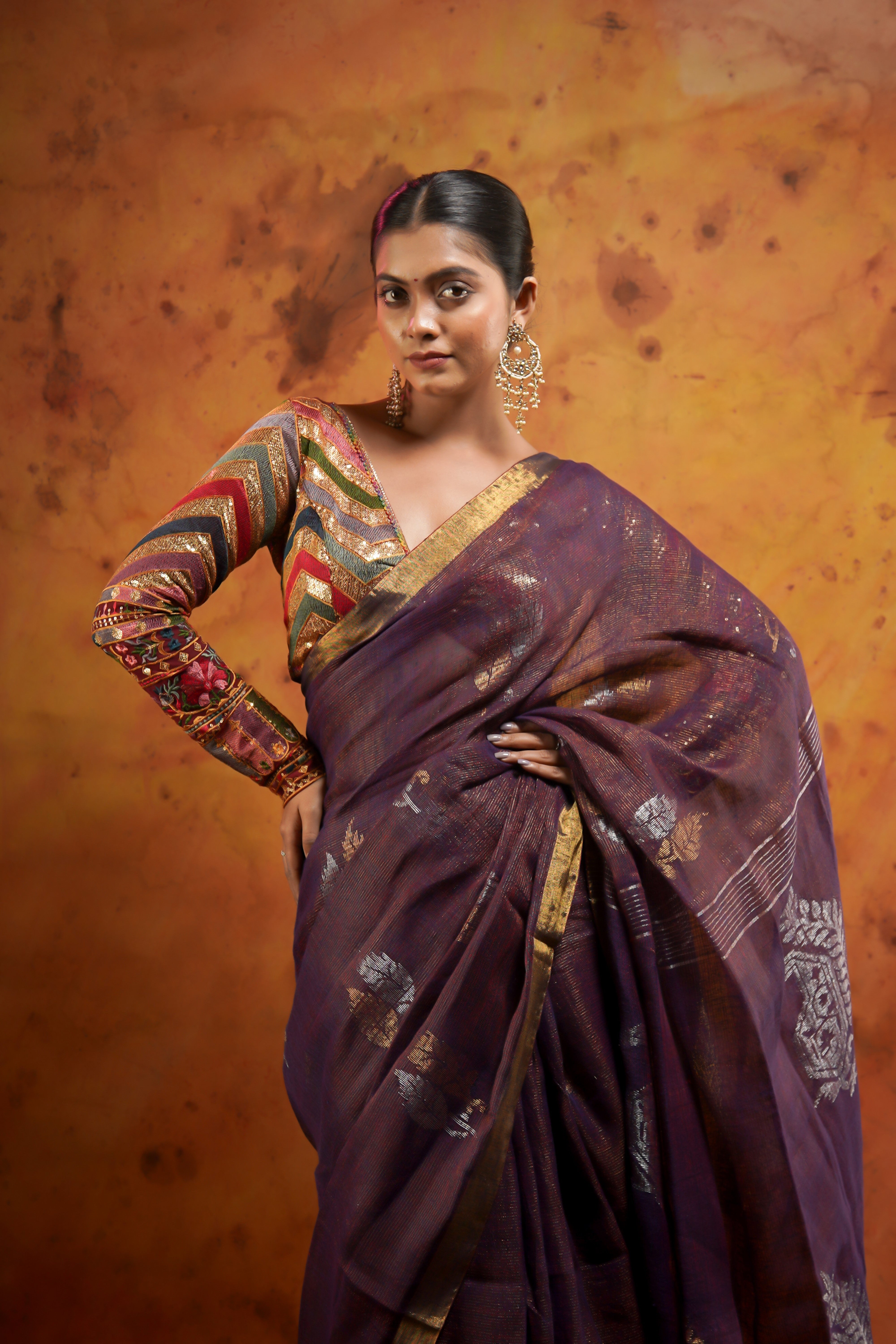 Dark Purple Pure Linen Hand woven Saree with Floral Design