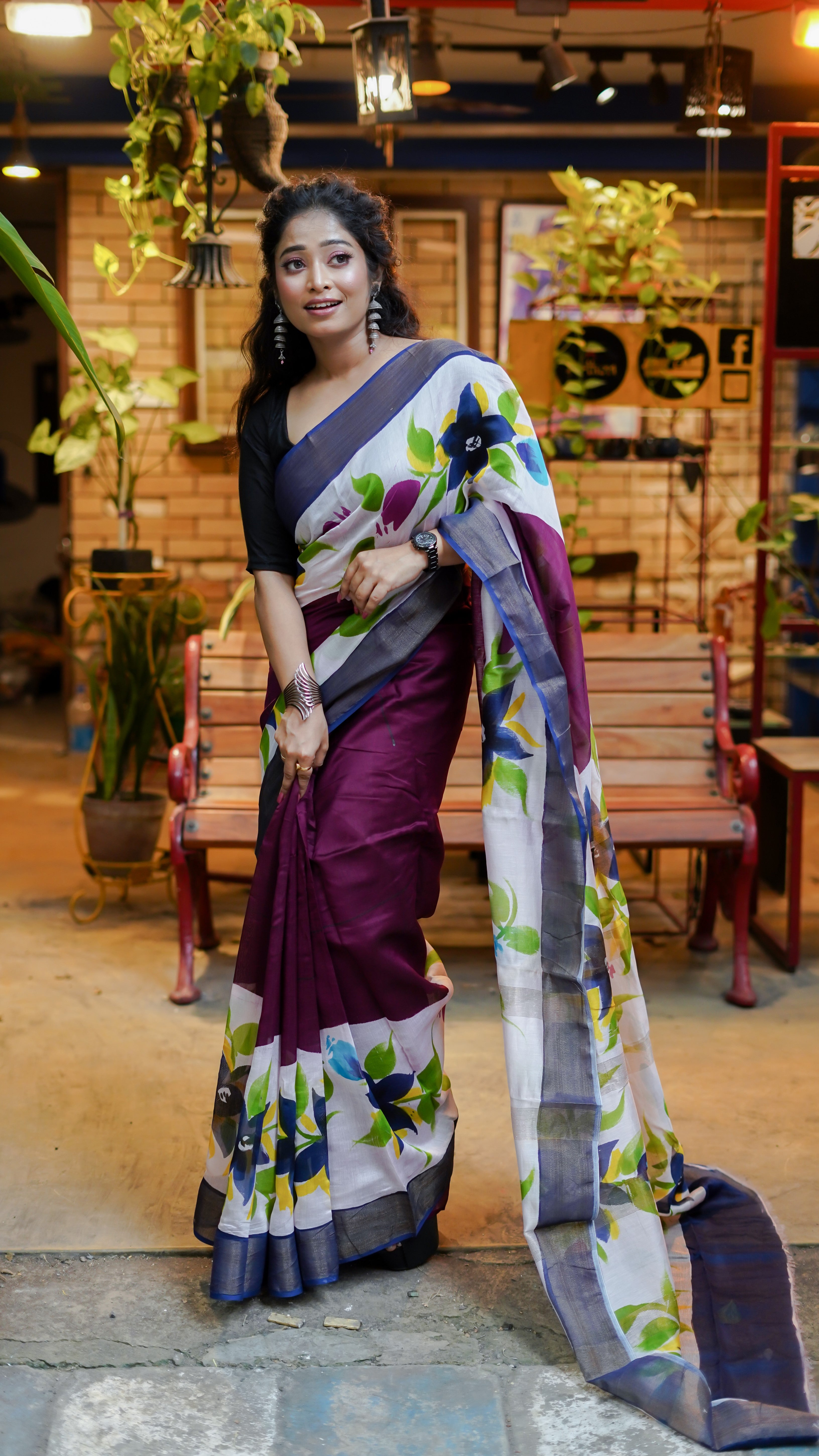 Dark purple floral pure Maheswari silk saree