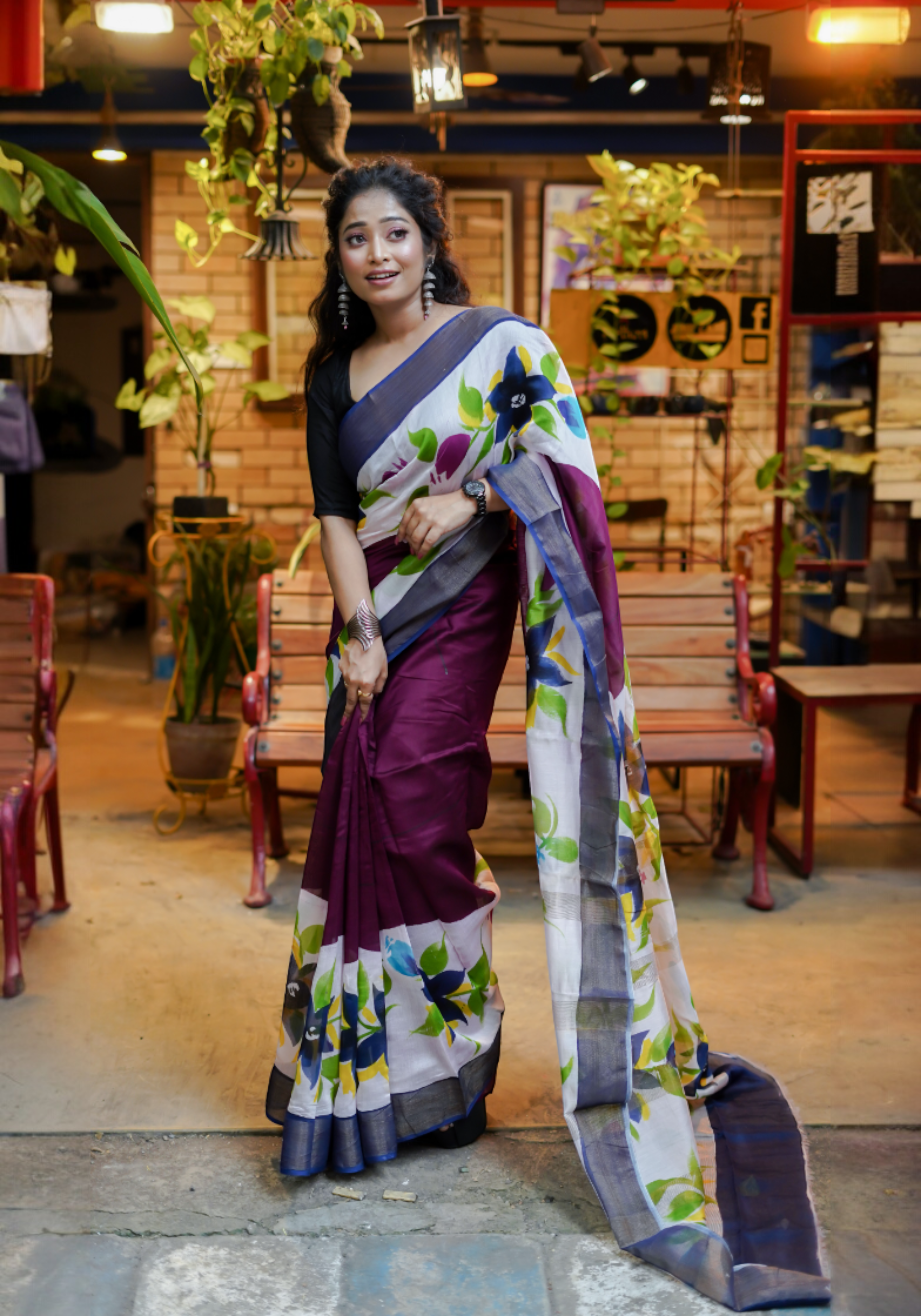 Dark purple floral pure Maheswari silk saree