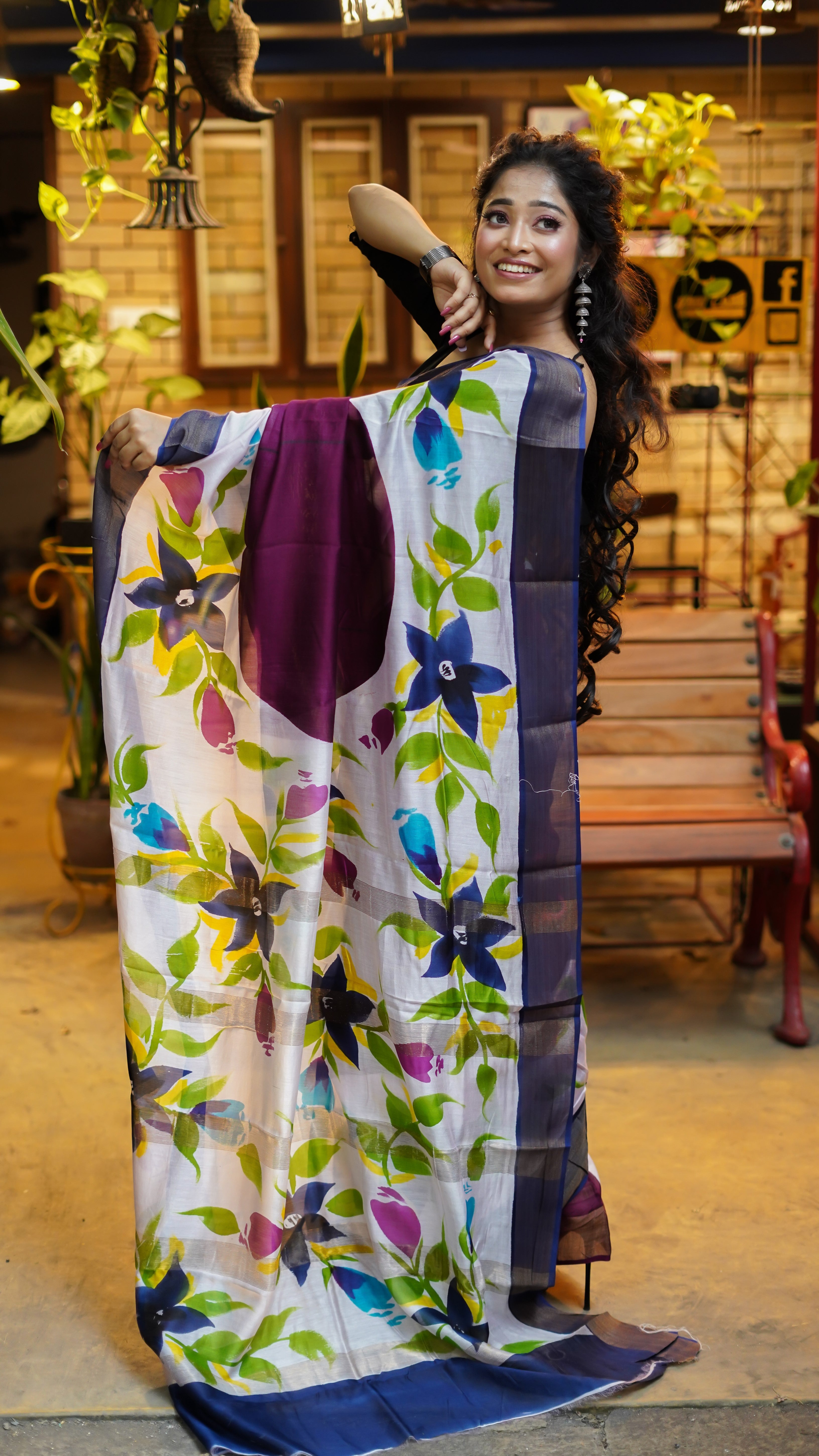 Dark purple floral pure Maheswari silk saree