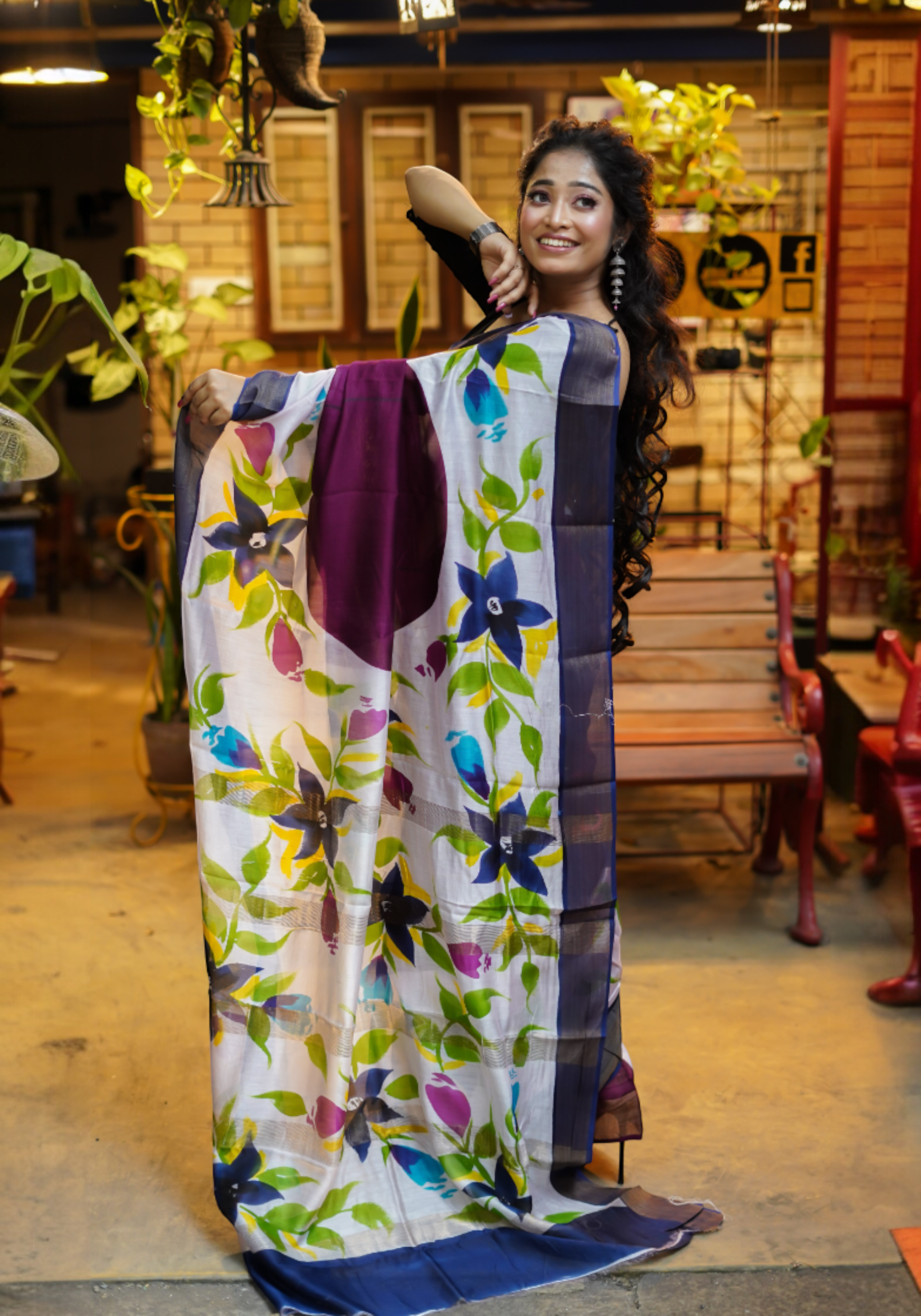 Dark purple floral pure Maheswari silk saree