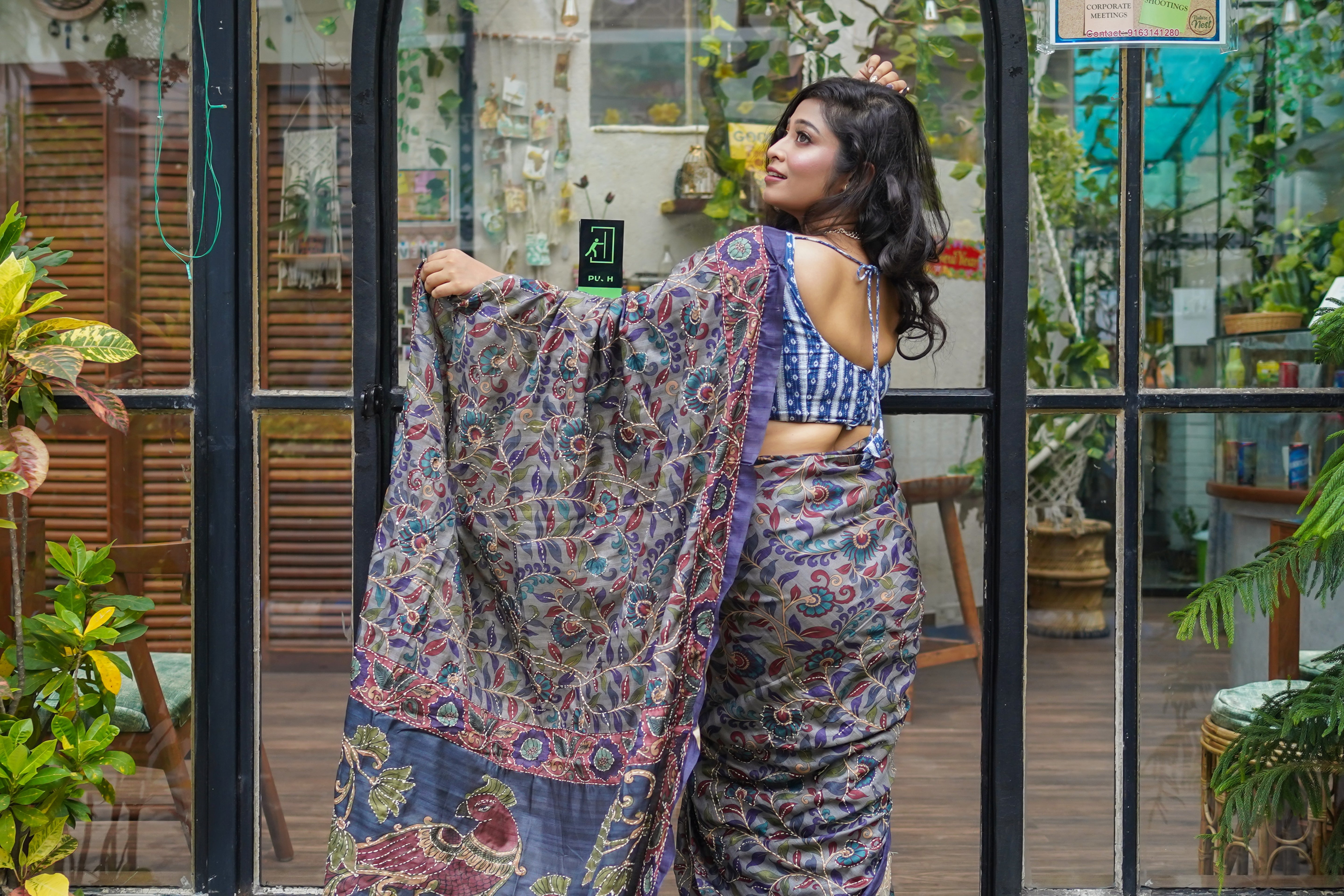 Denim Blue Modal Silk Katha Stitch Saree