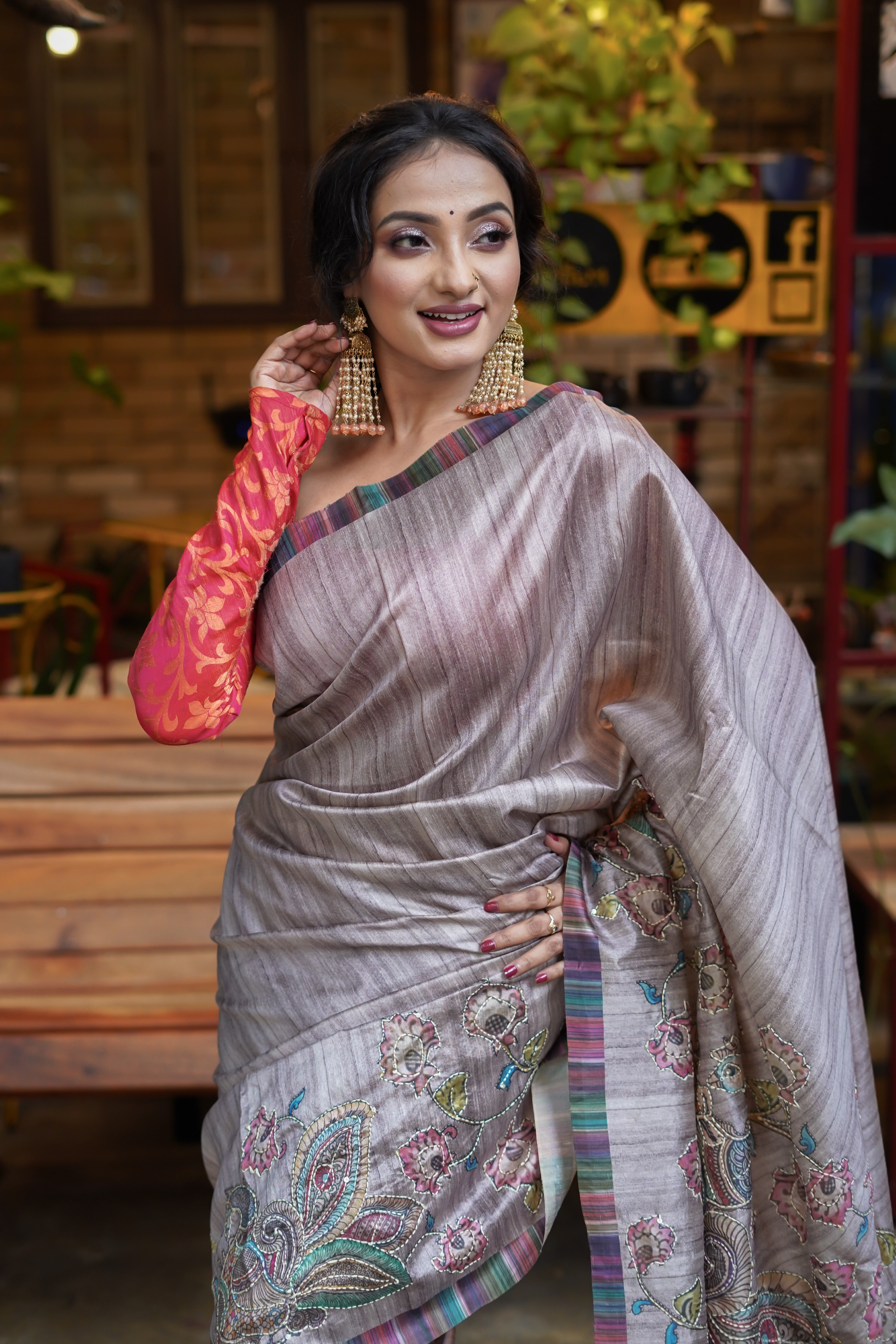 Dusky Lilac tussar silk hand stitched saree