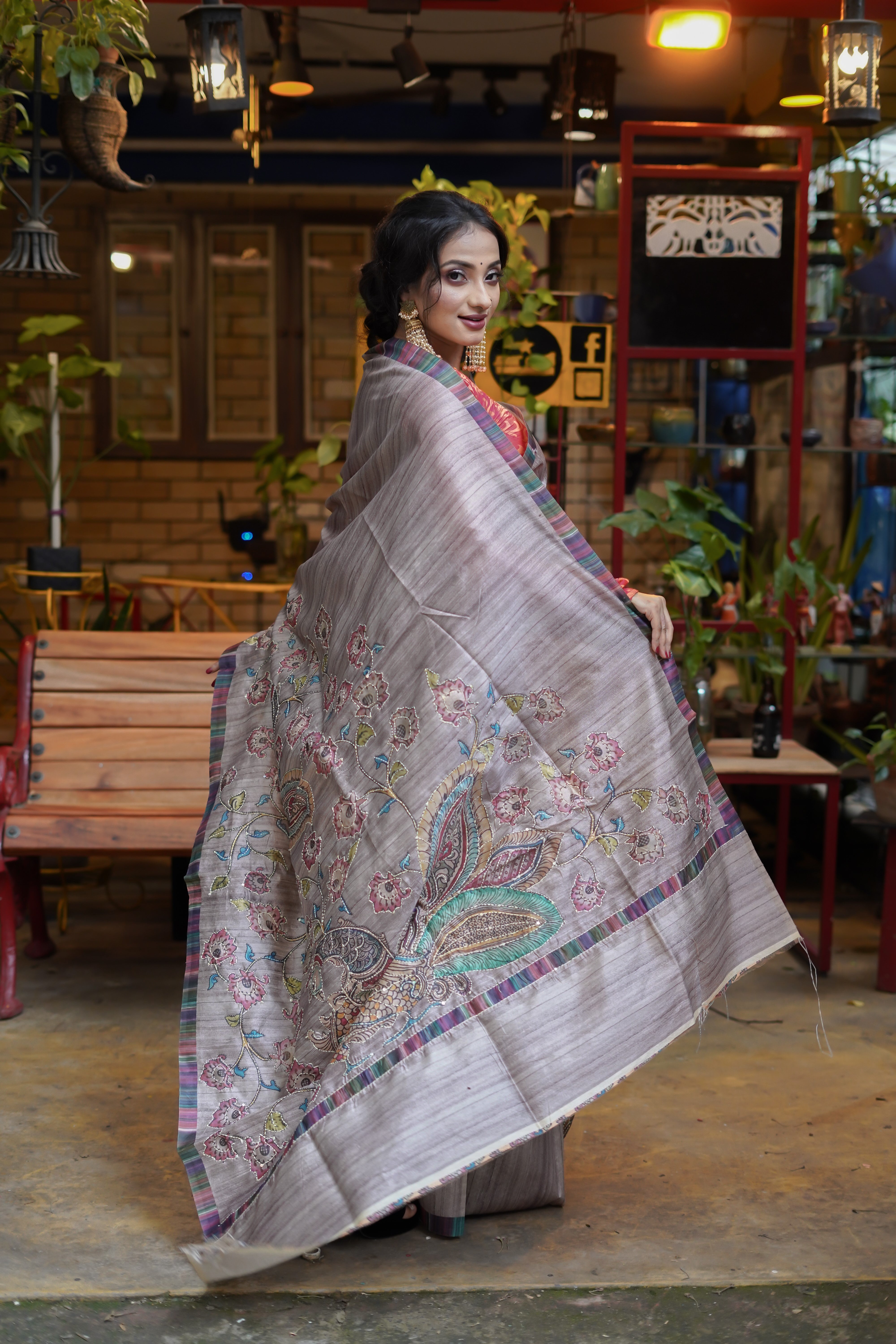 Dusky Lilac tussar silk hand stitched saree