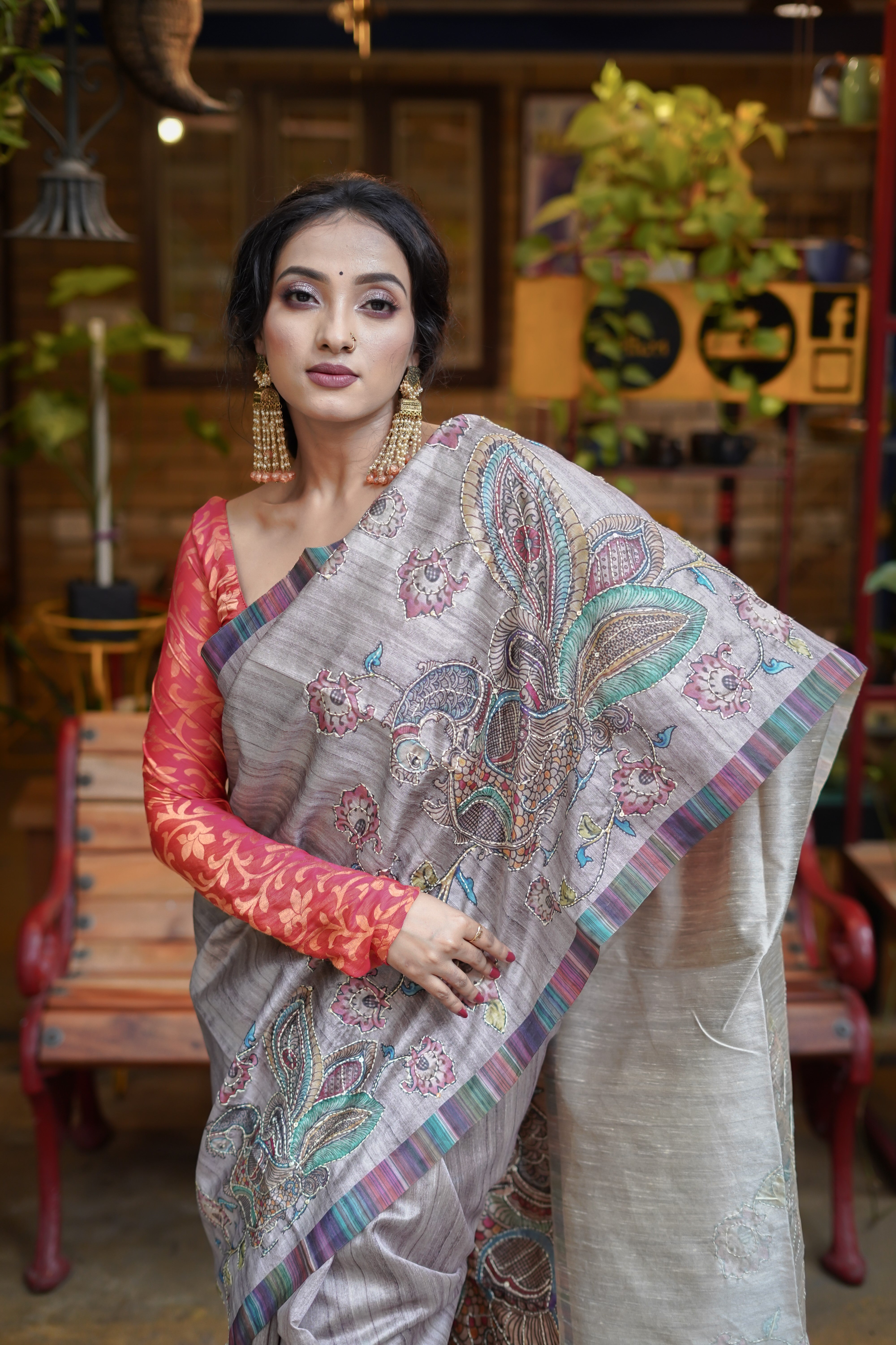 Dusky Lilac tussar silk hand stitched saree