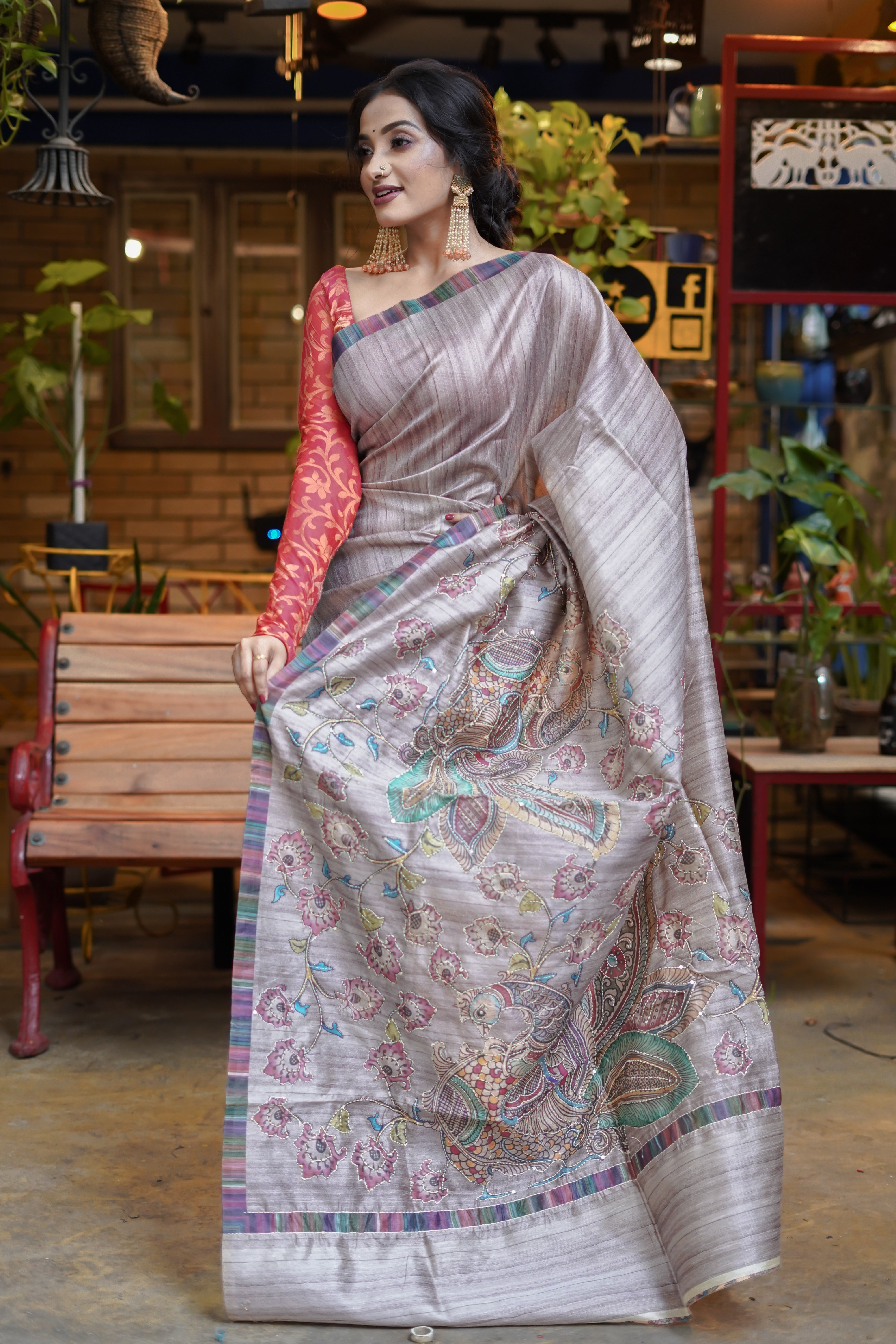 Dusky Lilac tussar silk hand stitched saree