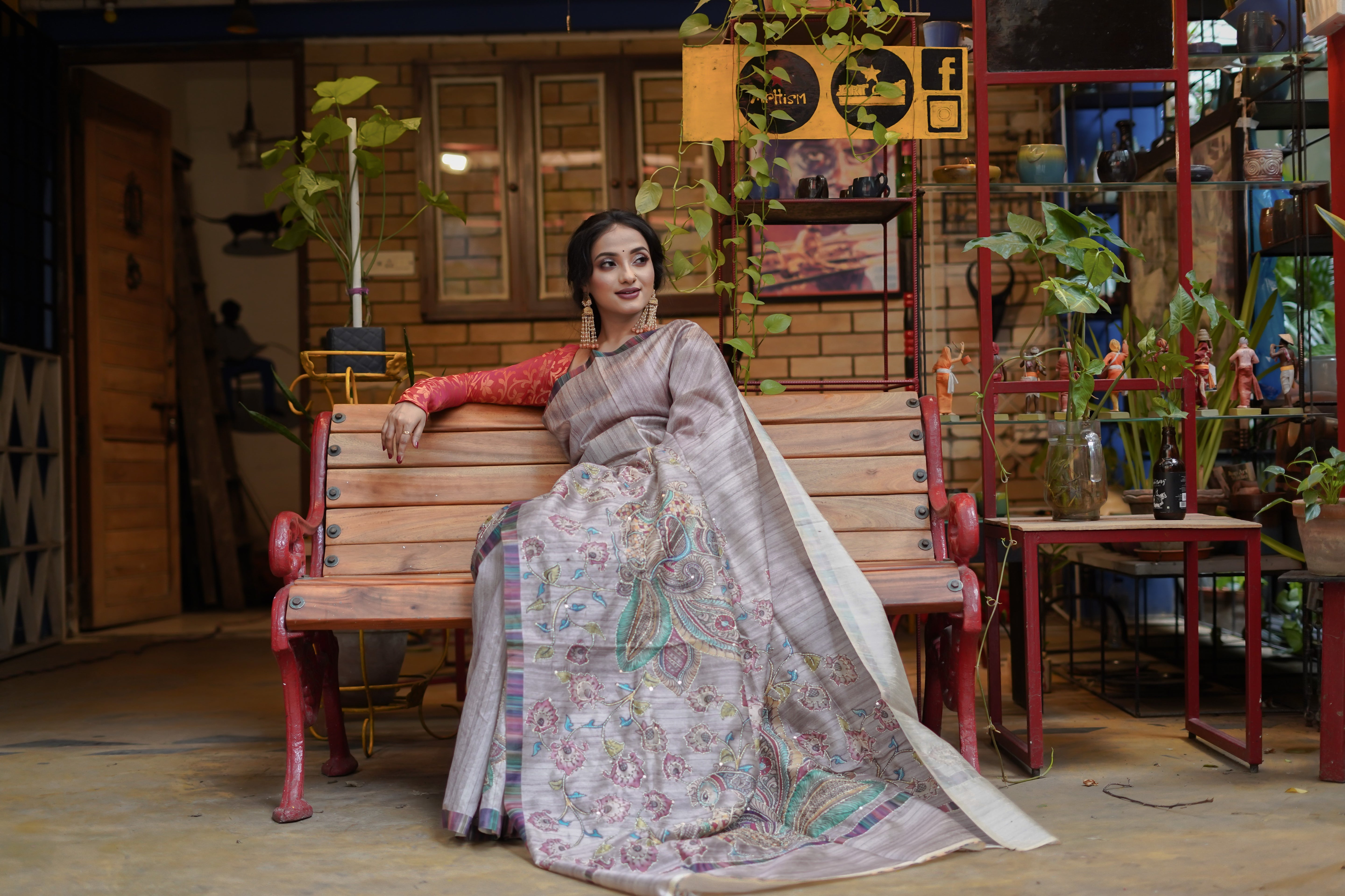 Dusky Lilac tussar silk hand stitched saree