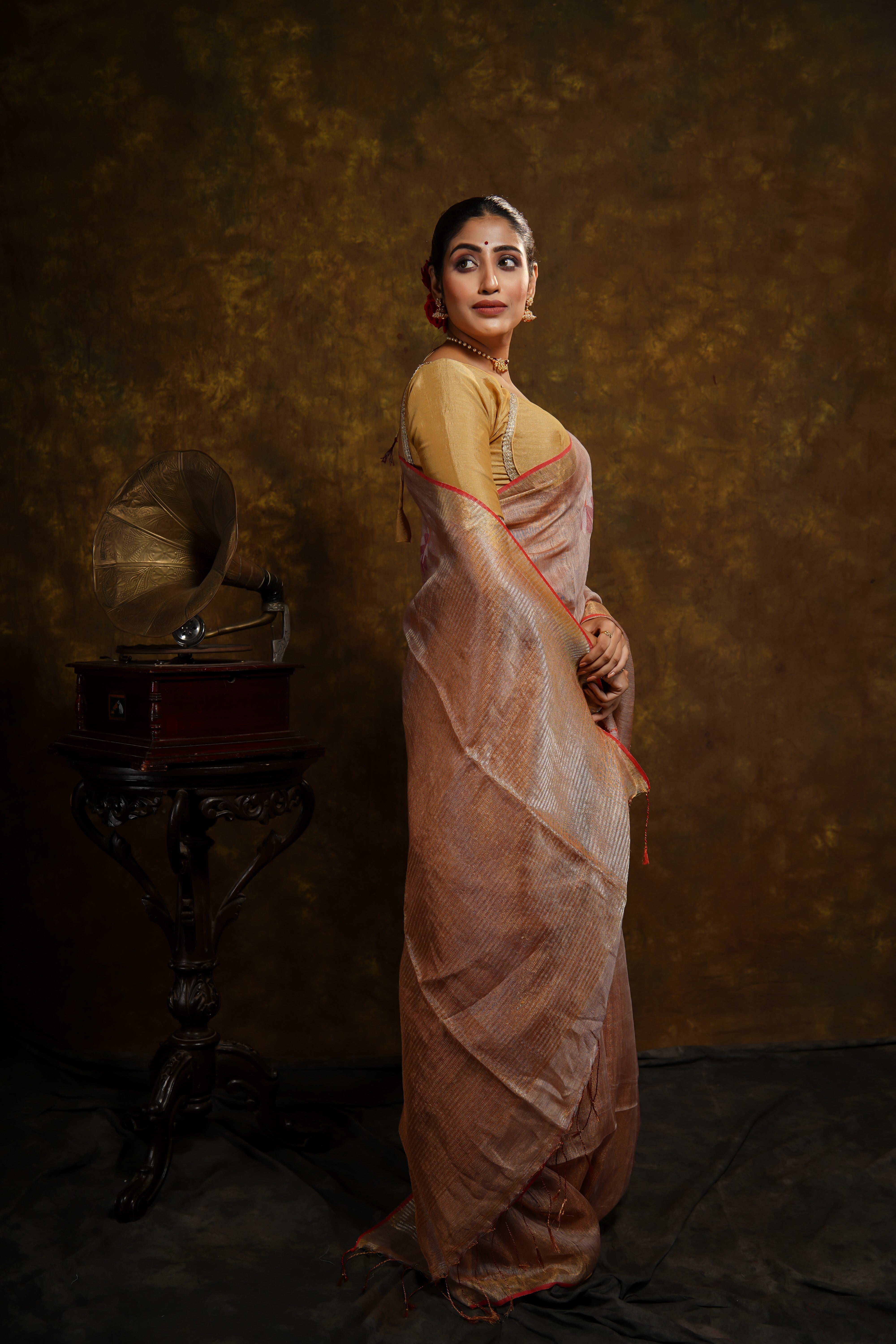 Dusty Rose floral tissue linen handwoven saree