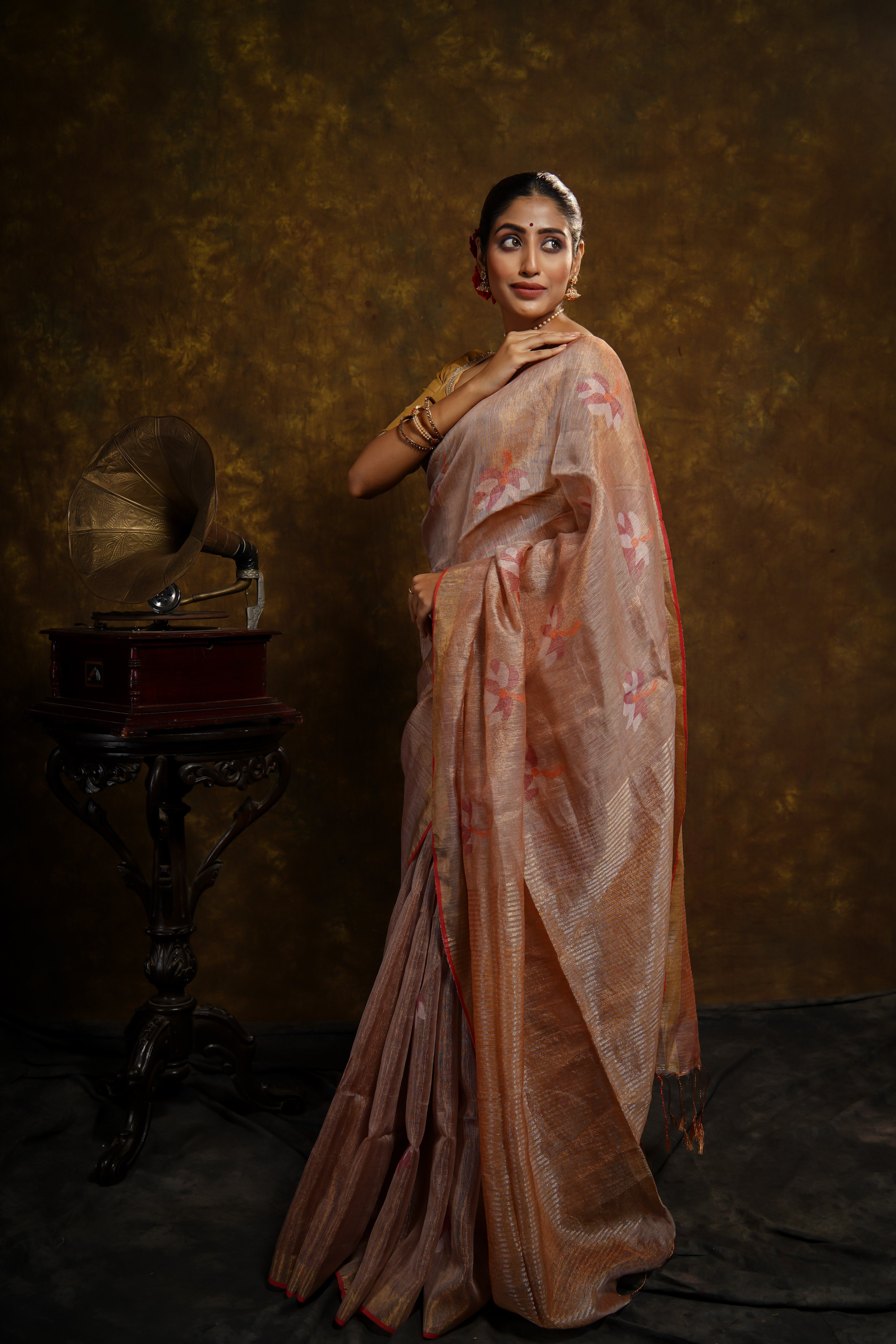 Dusty Rose floral tissue linen handwoven saree