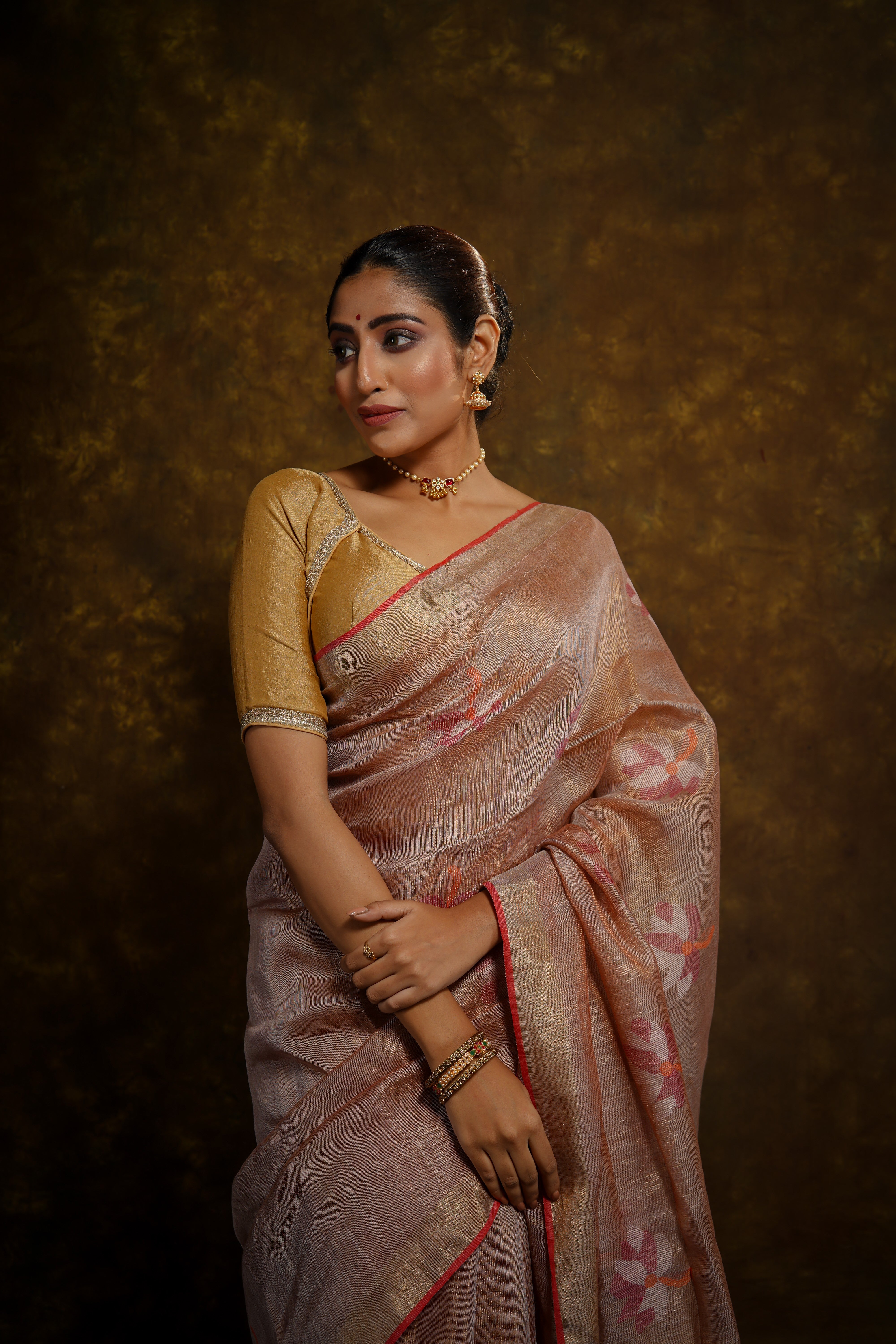 Dusty Rose floral tissue linen handwoven saree