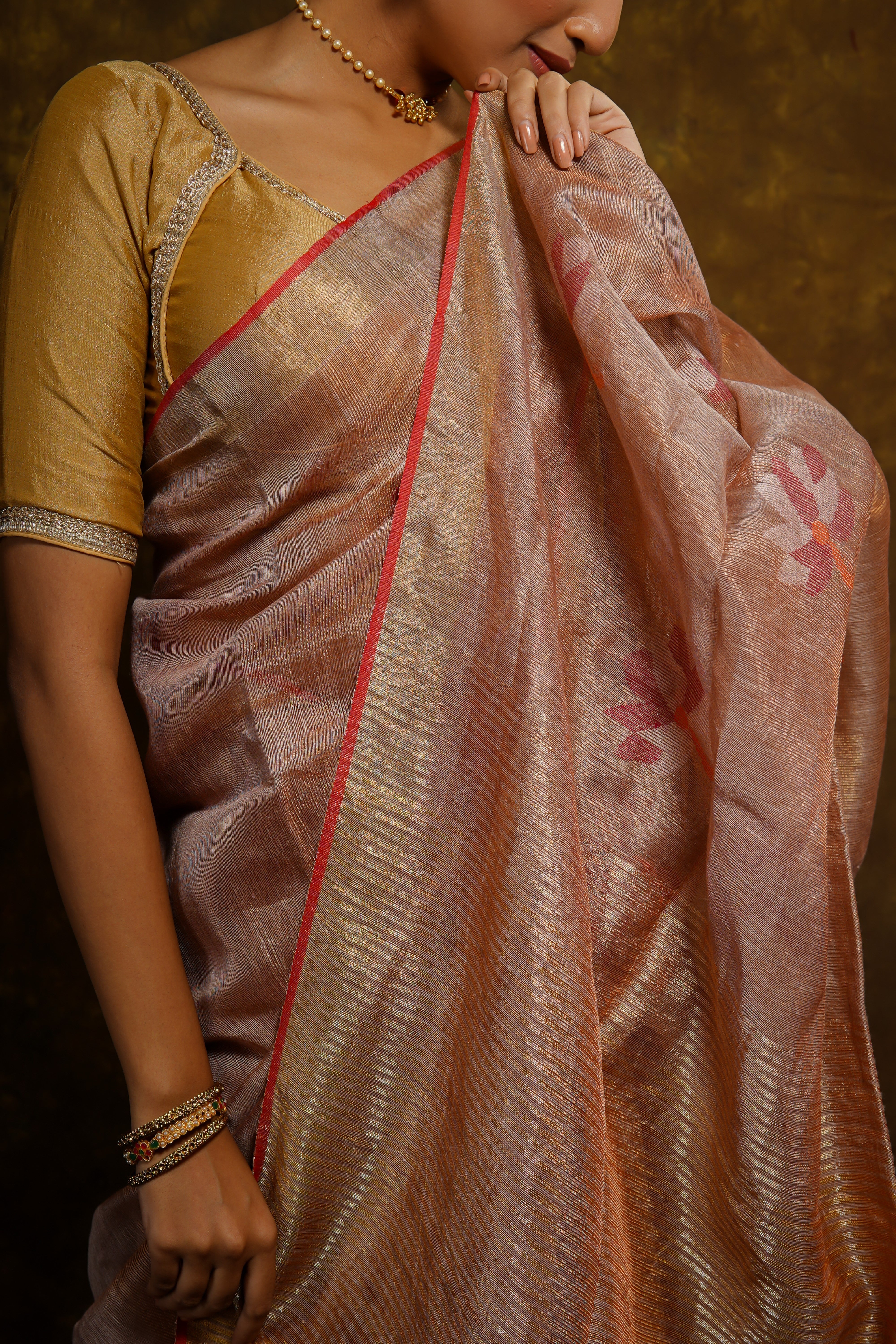 Dusty Rose floral tissue linen handwoven saree