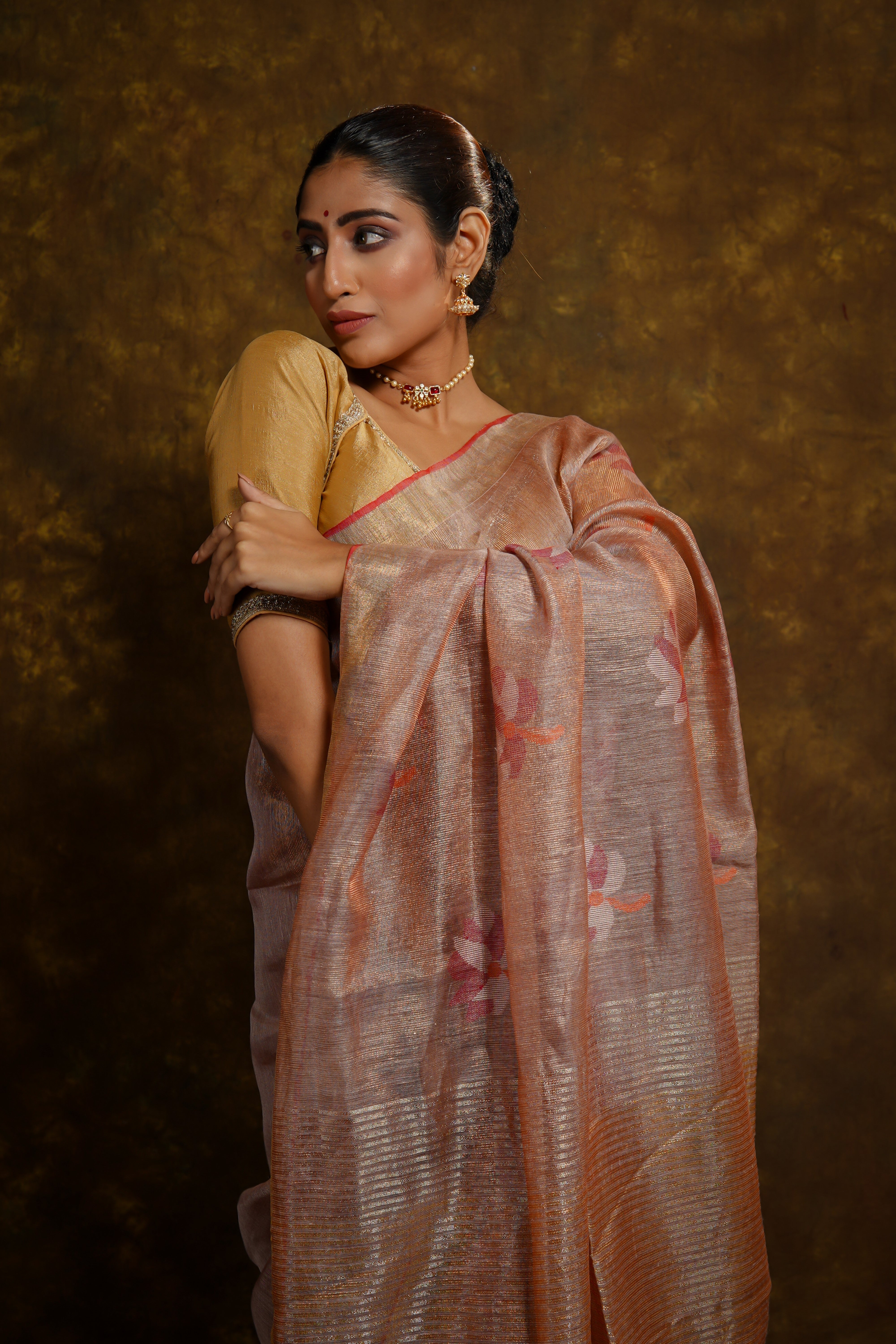 Dusty Rose floral tissue linen handwoven saree