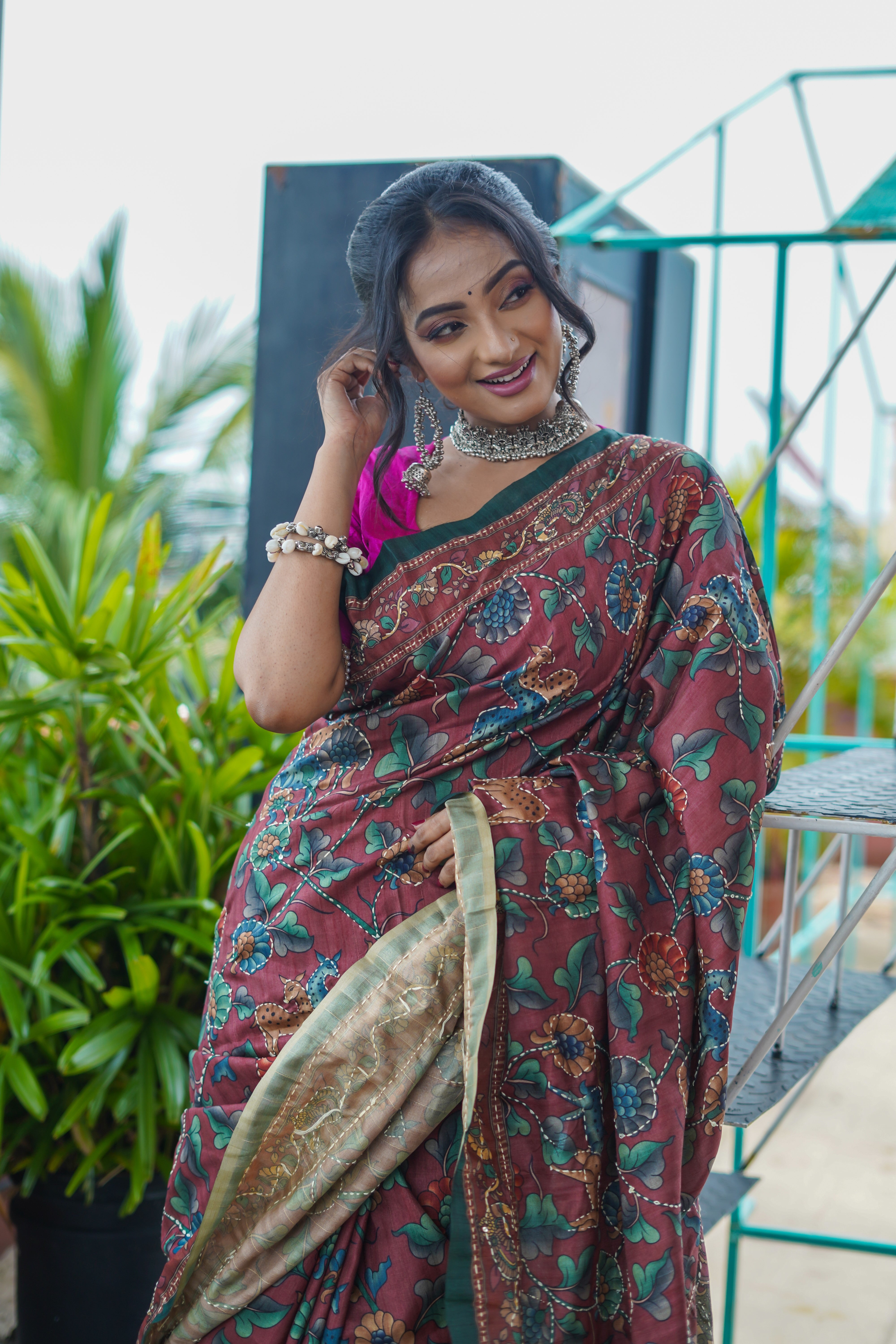 Fire Brick Modal Silk Katha Stitch Saree