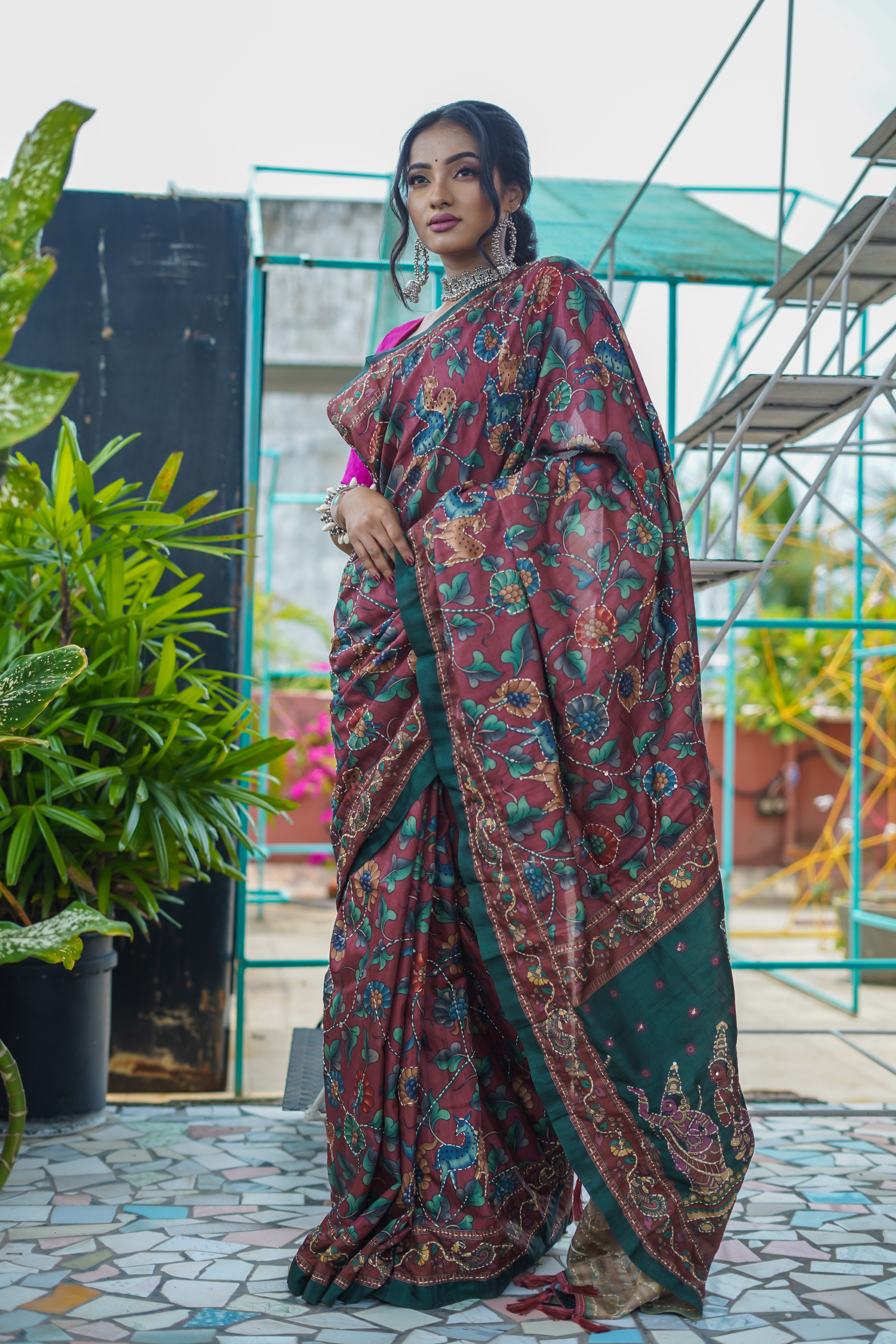 Fire Brick Modal Silk Katha Stitch Saree