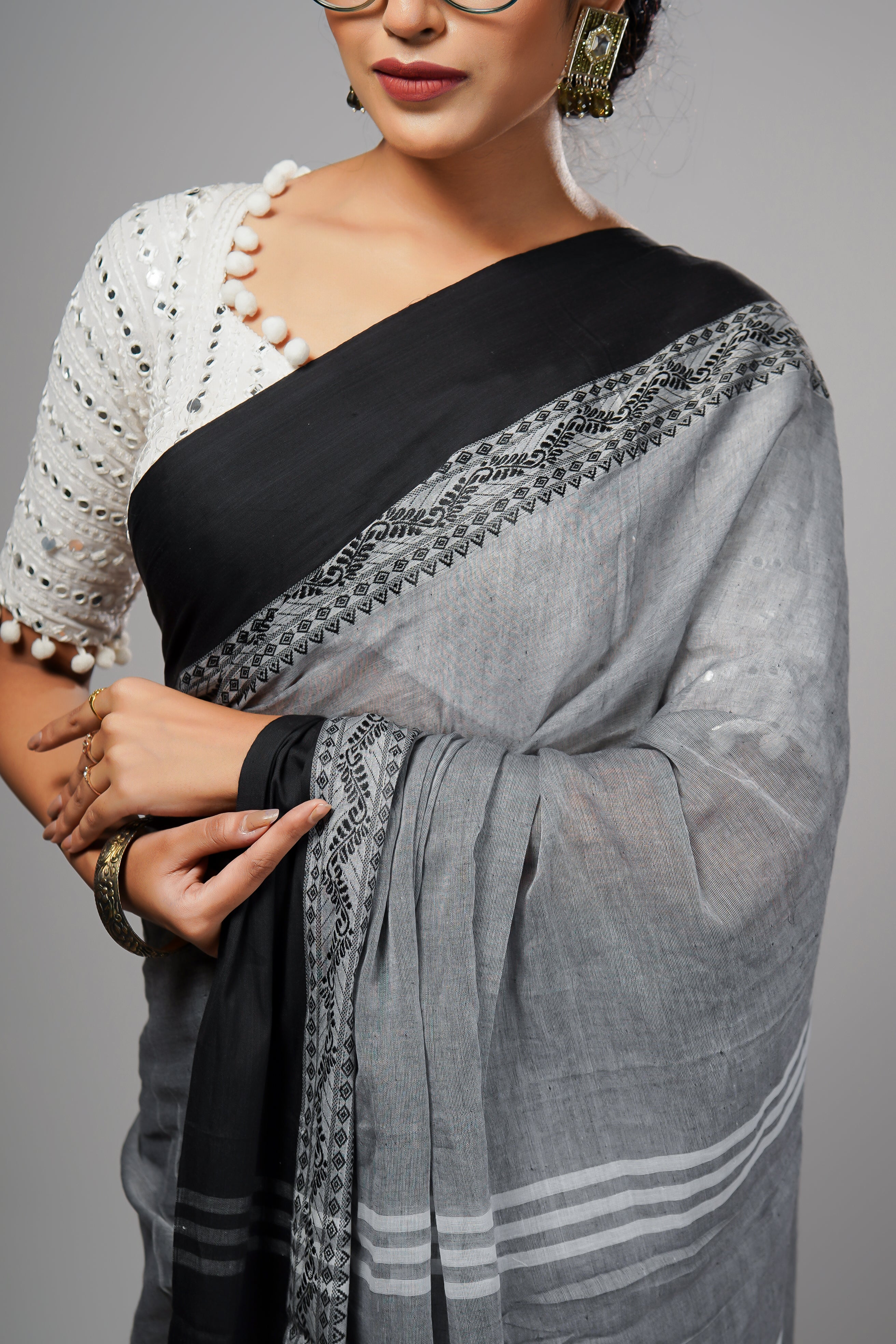 GREY & BLACK PURE MULMUL COTTON SAREE