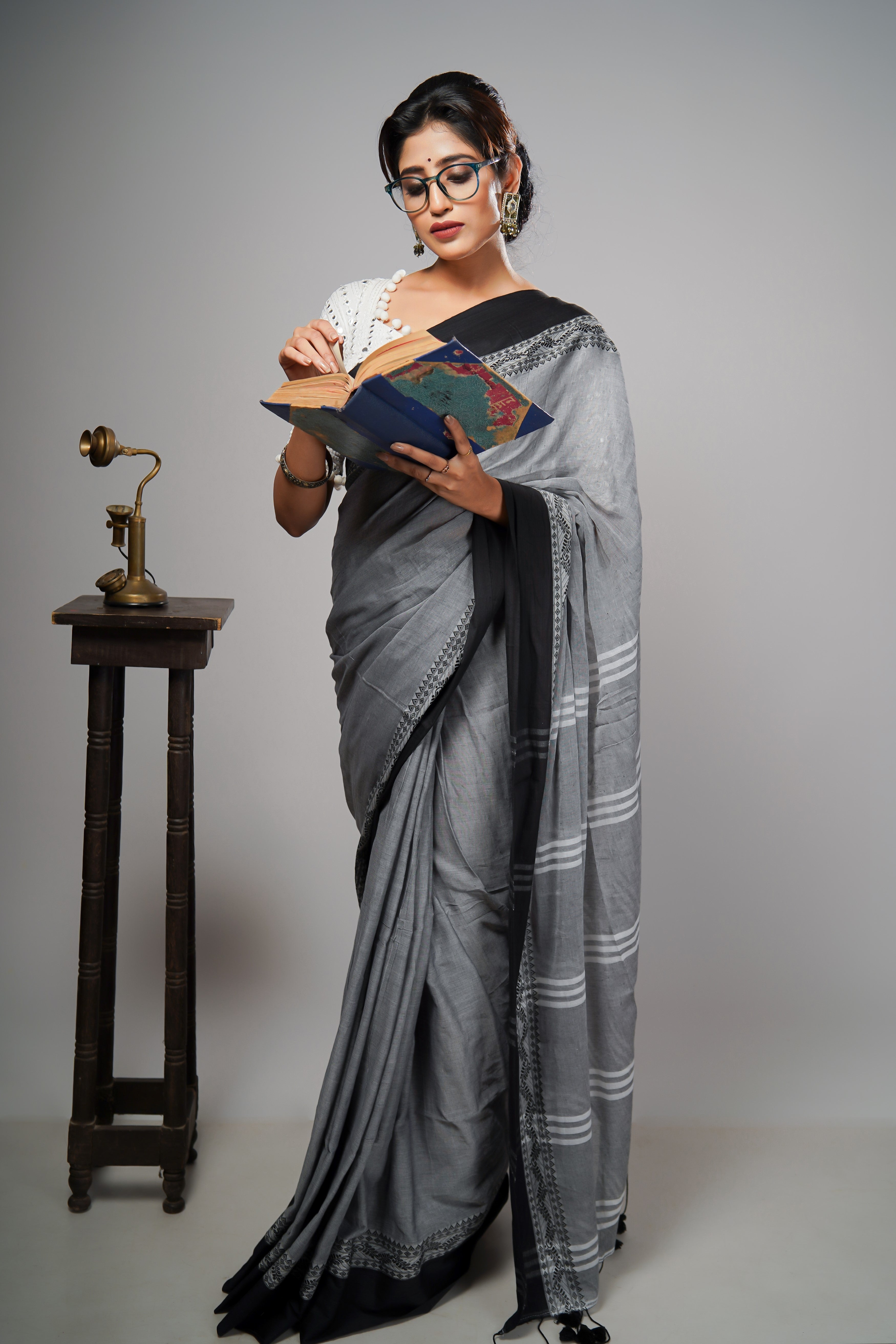 GREY & BLACK PURE MULMUL COTTON SAREE