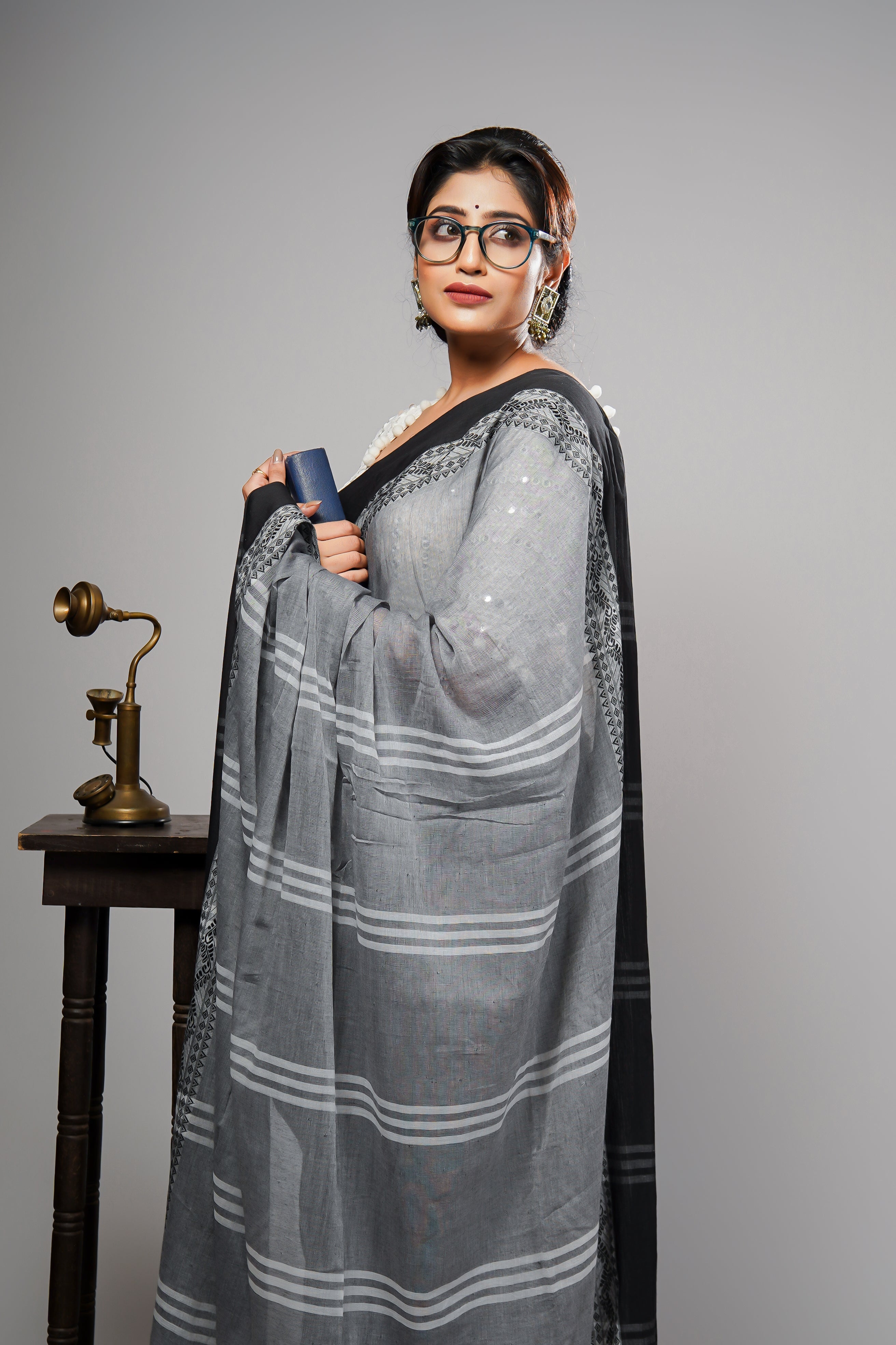 GREY & BLACK PURE MULMUL COTTON SAREE