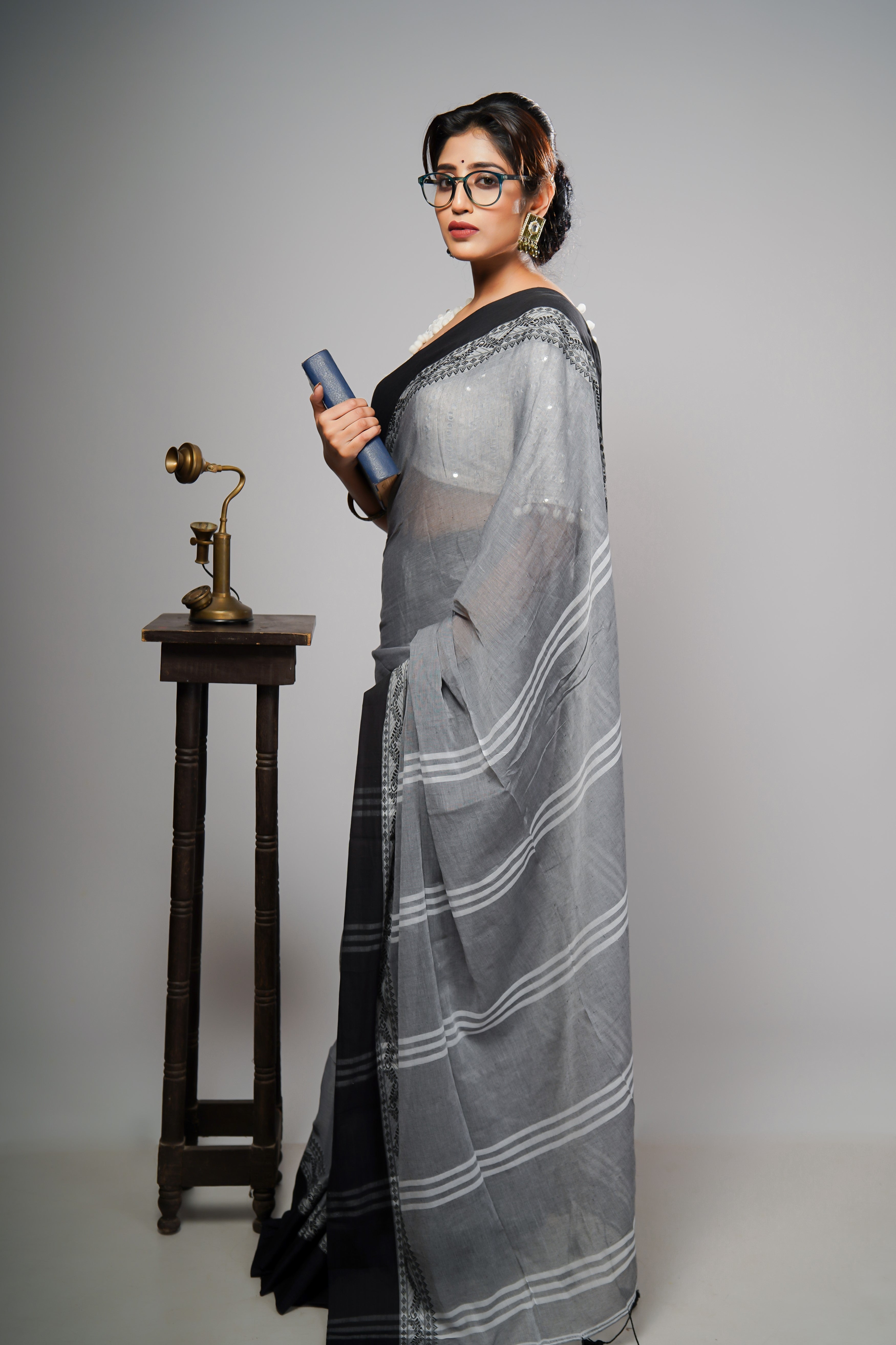 GREY & BLACK PURE MULMUL COTTON SAREE