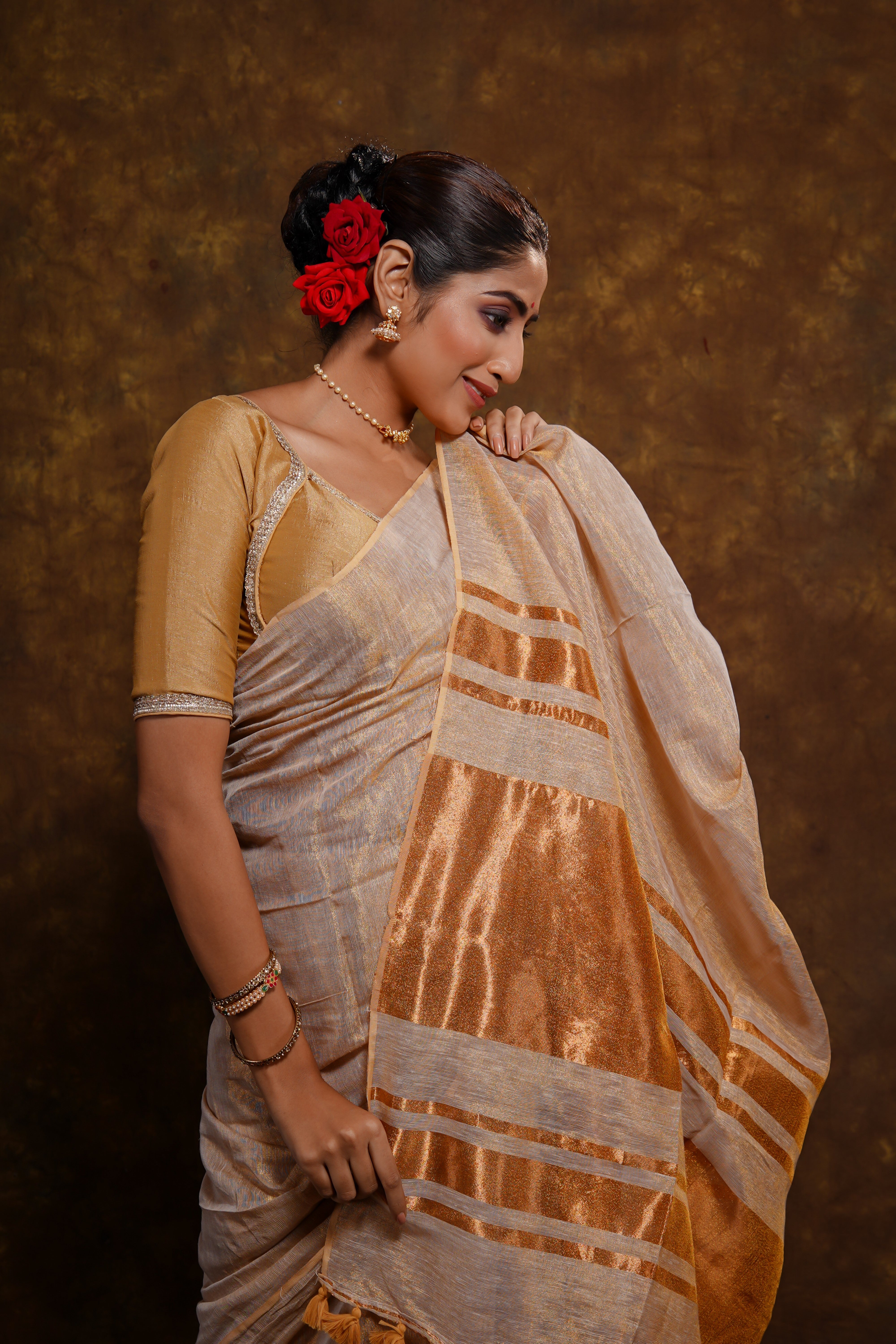 Golden dual tone pure tissue linen saree