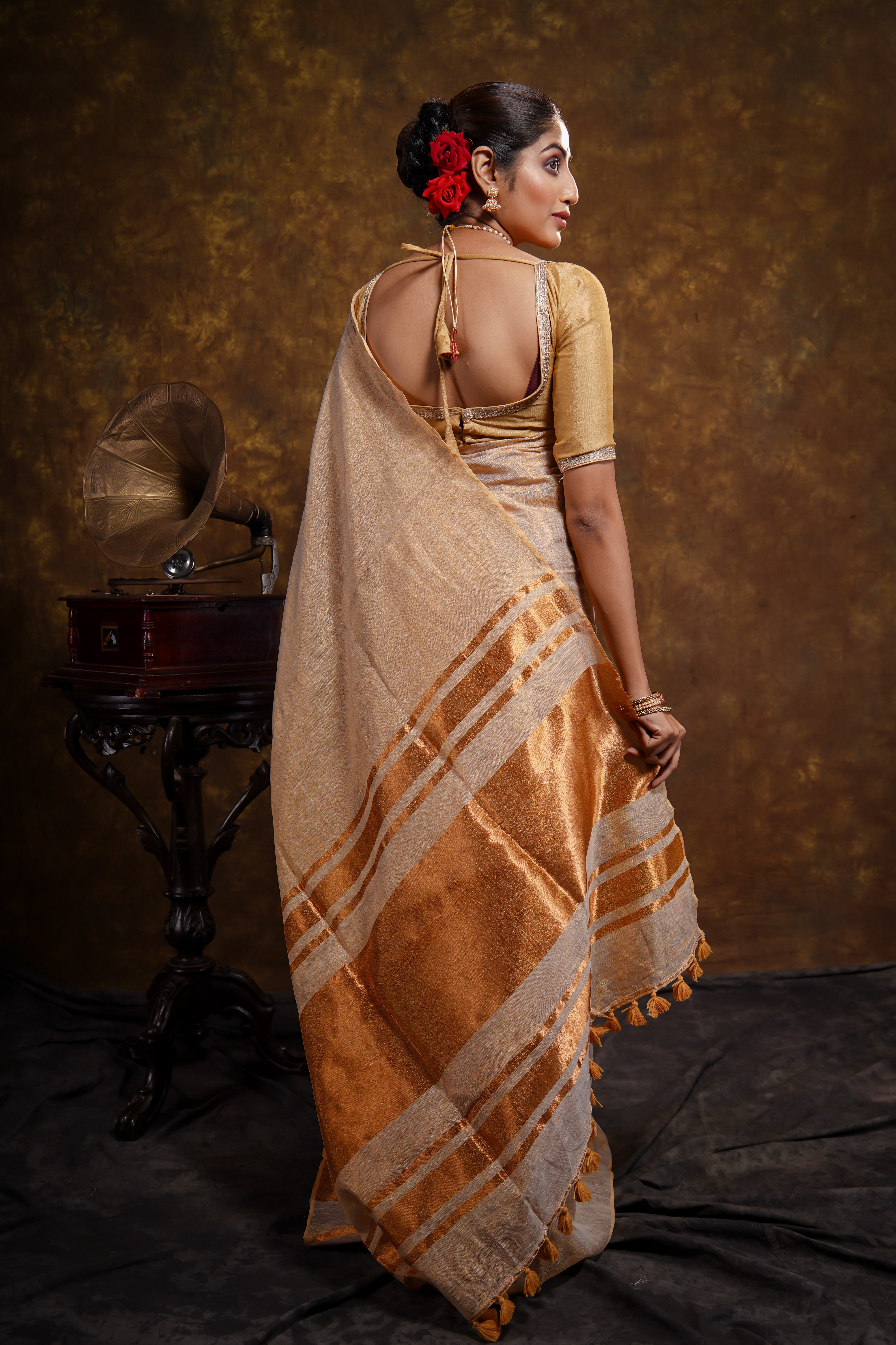 Golden dual tone pure tissue linen saree