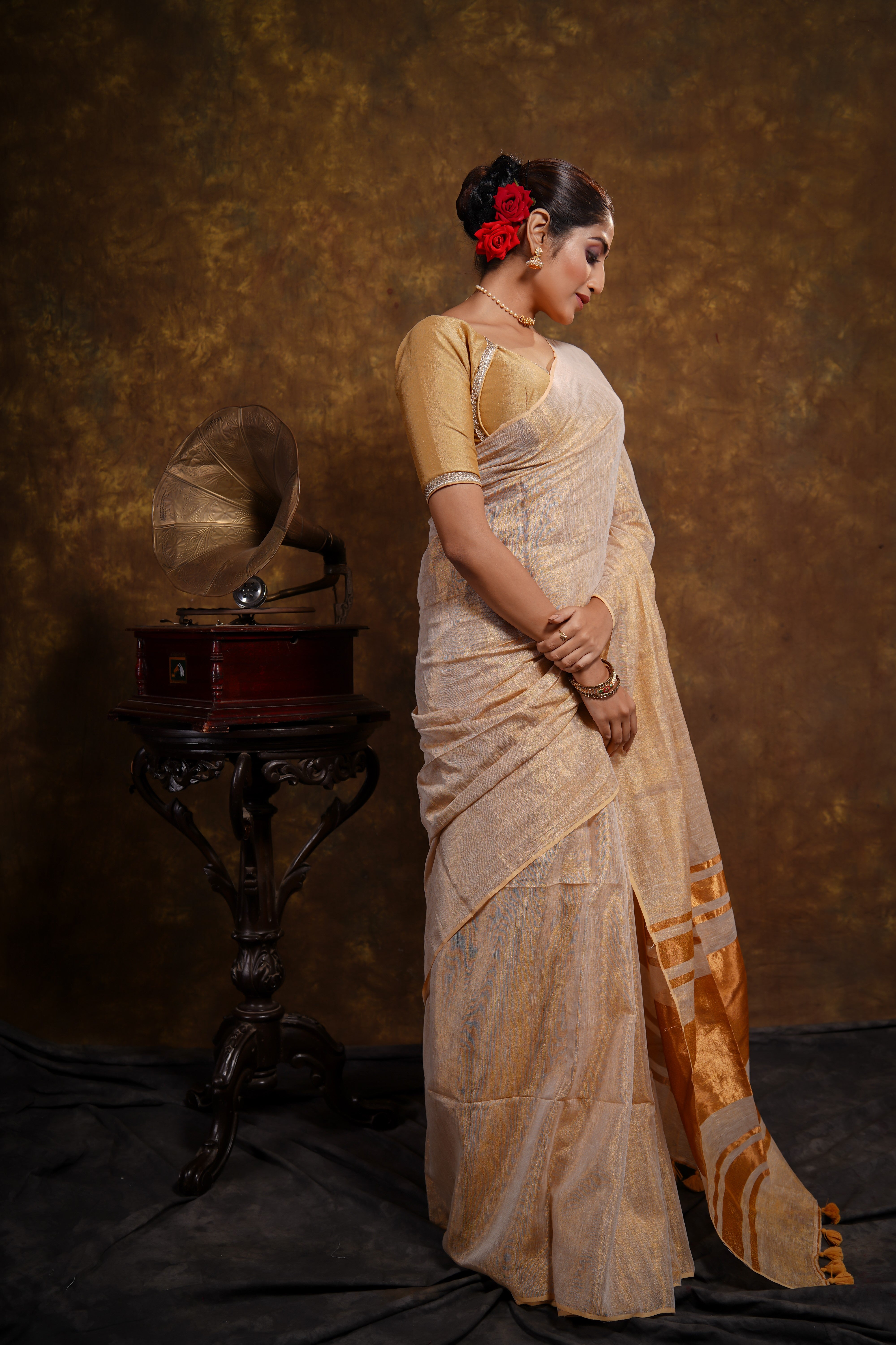 Golden dual tone pure tissue linen saree