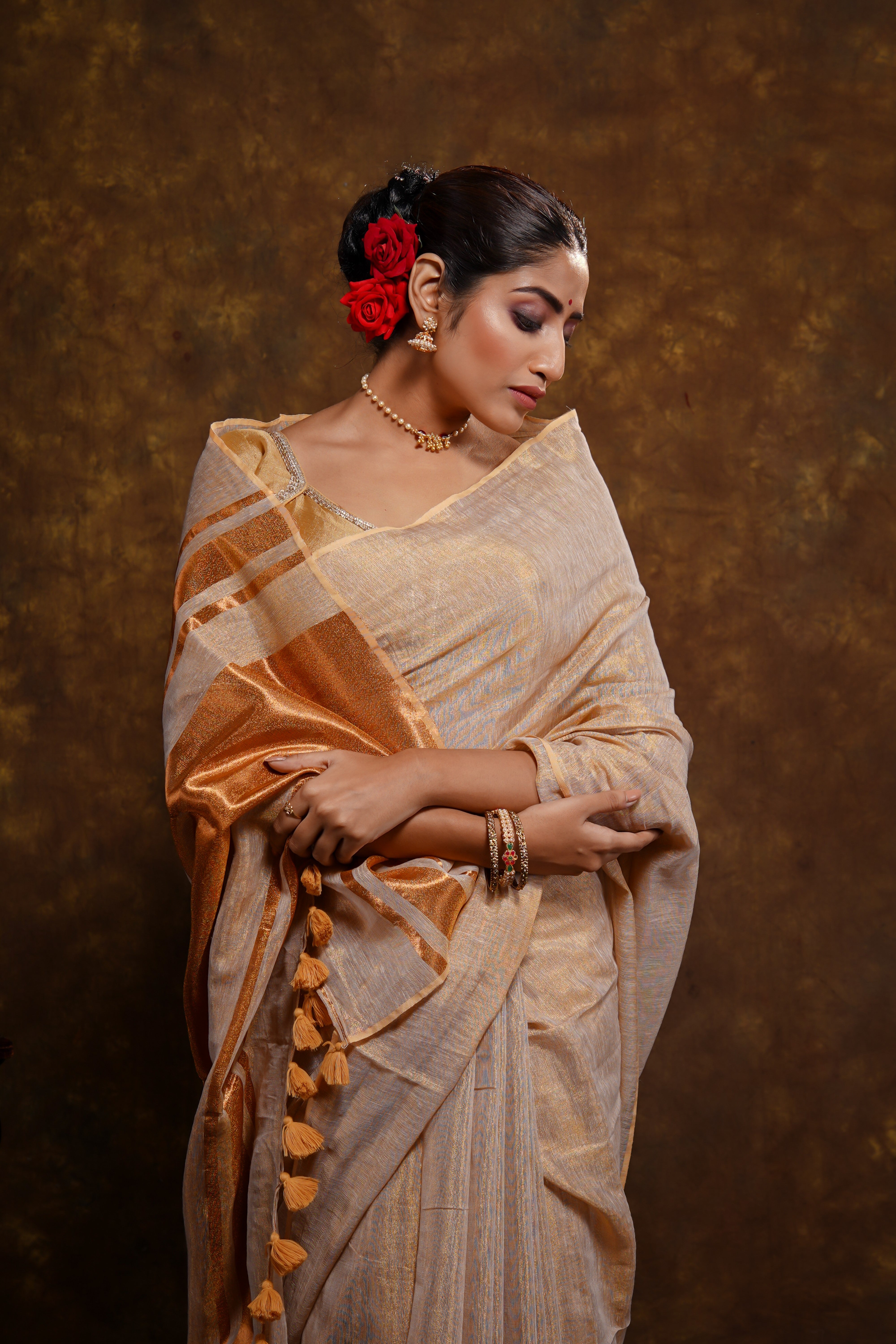 Golden dual tone pure tissue linen saree