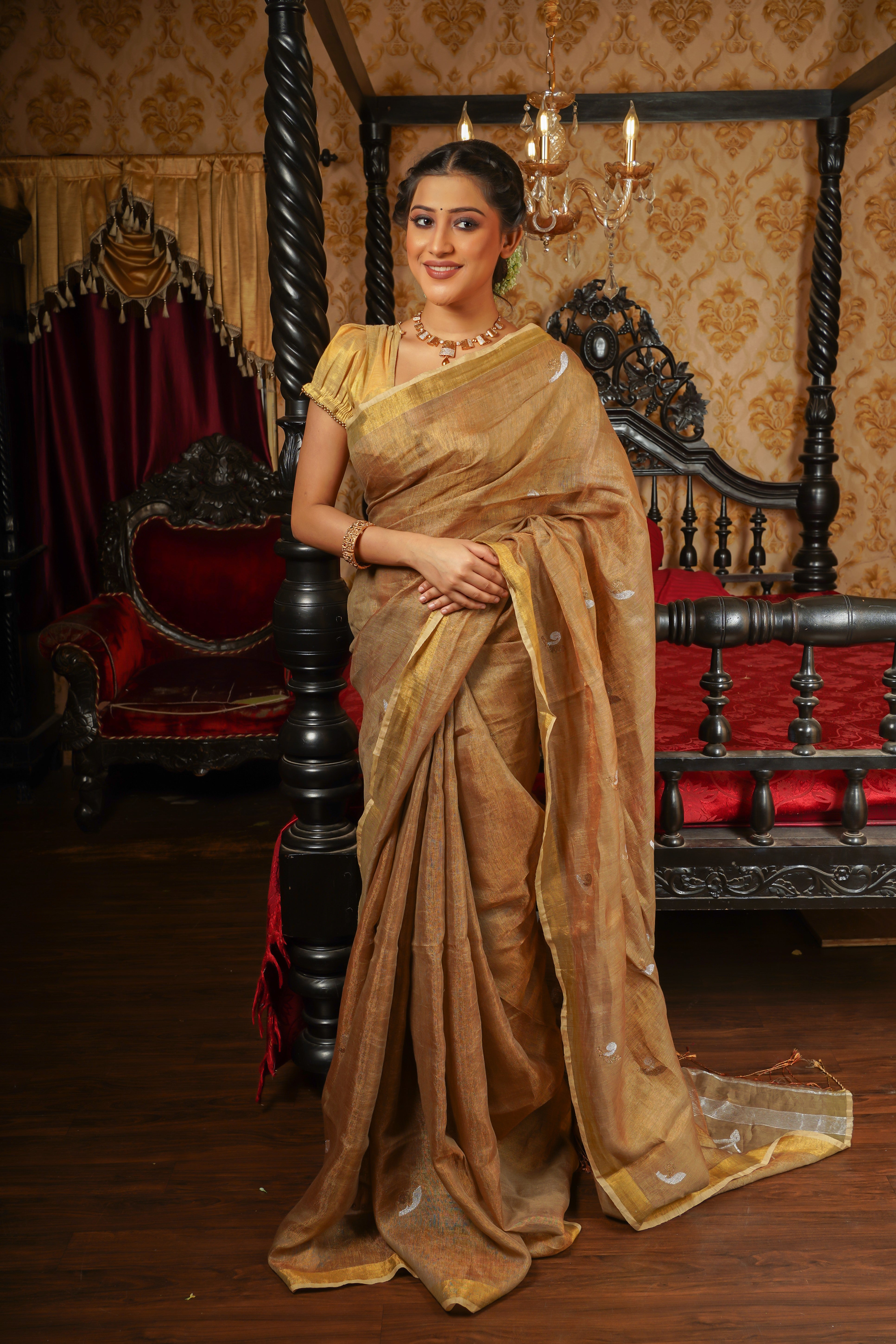 Gold pure tissue linen handwoven  tulip saree