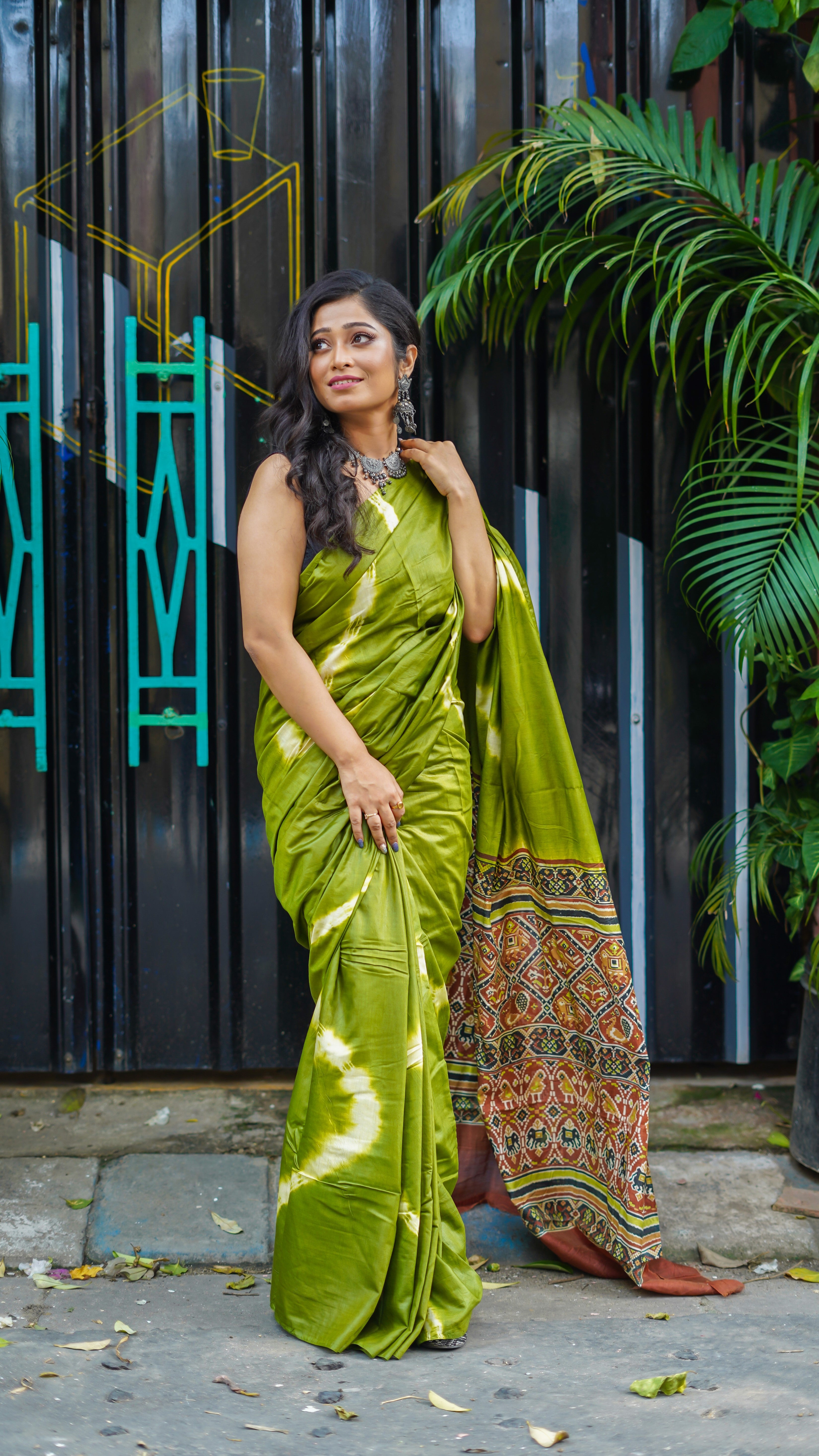 Green Ajrakh pure muslin silk saree