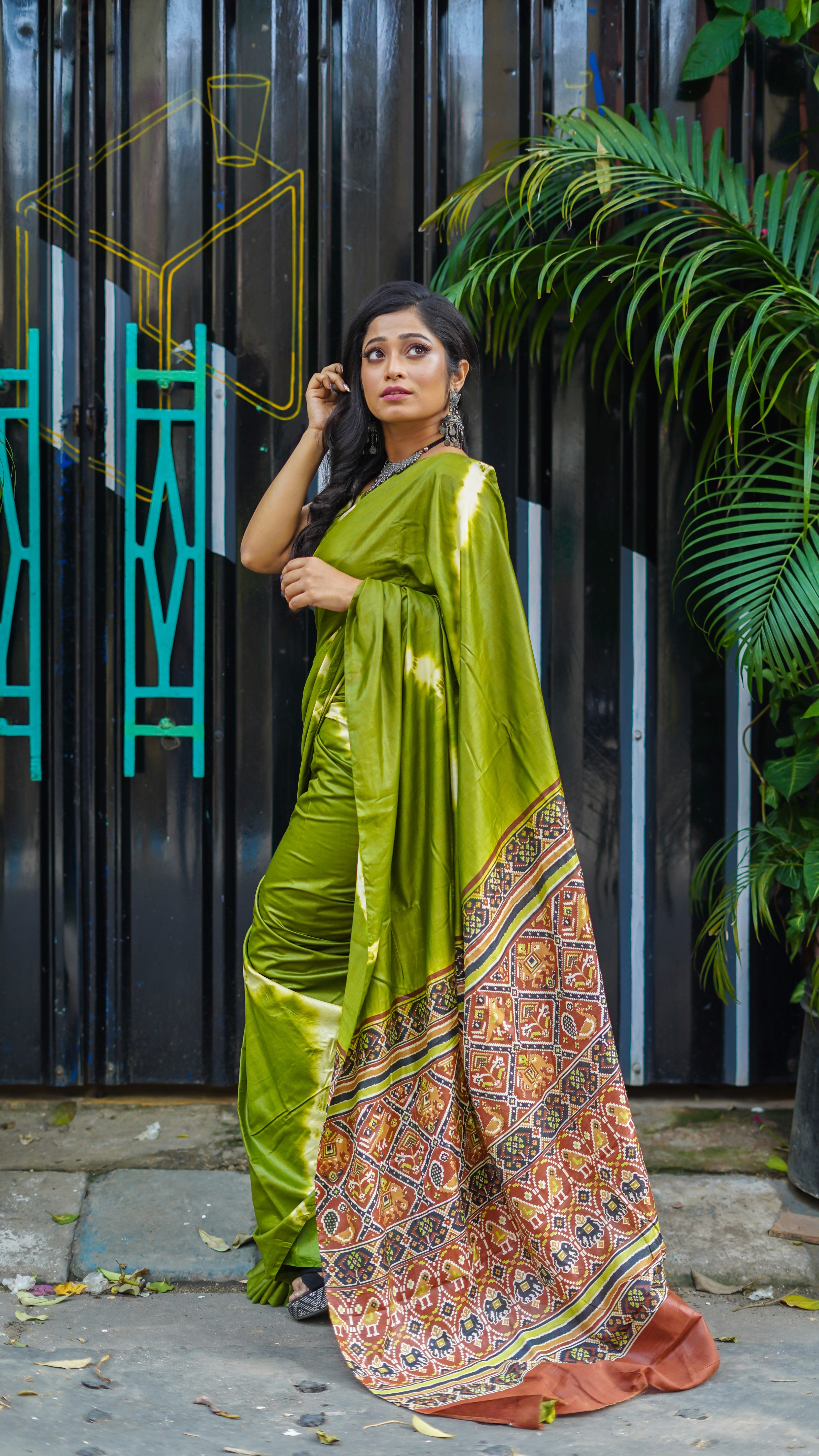 Green Ajrakh pure muslin silk saree