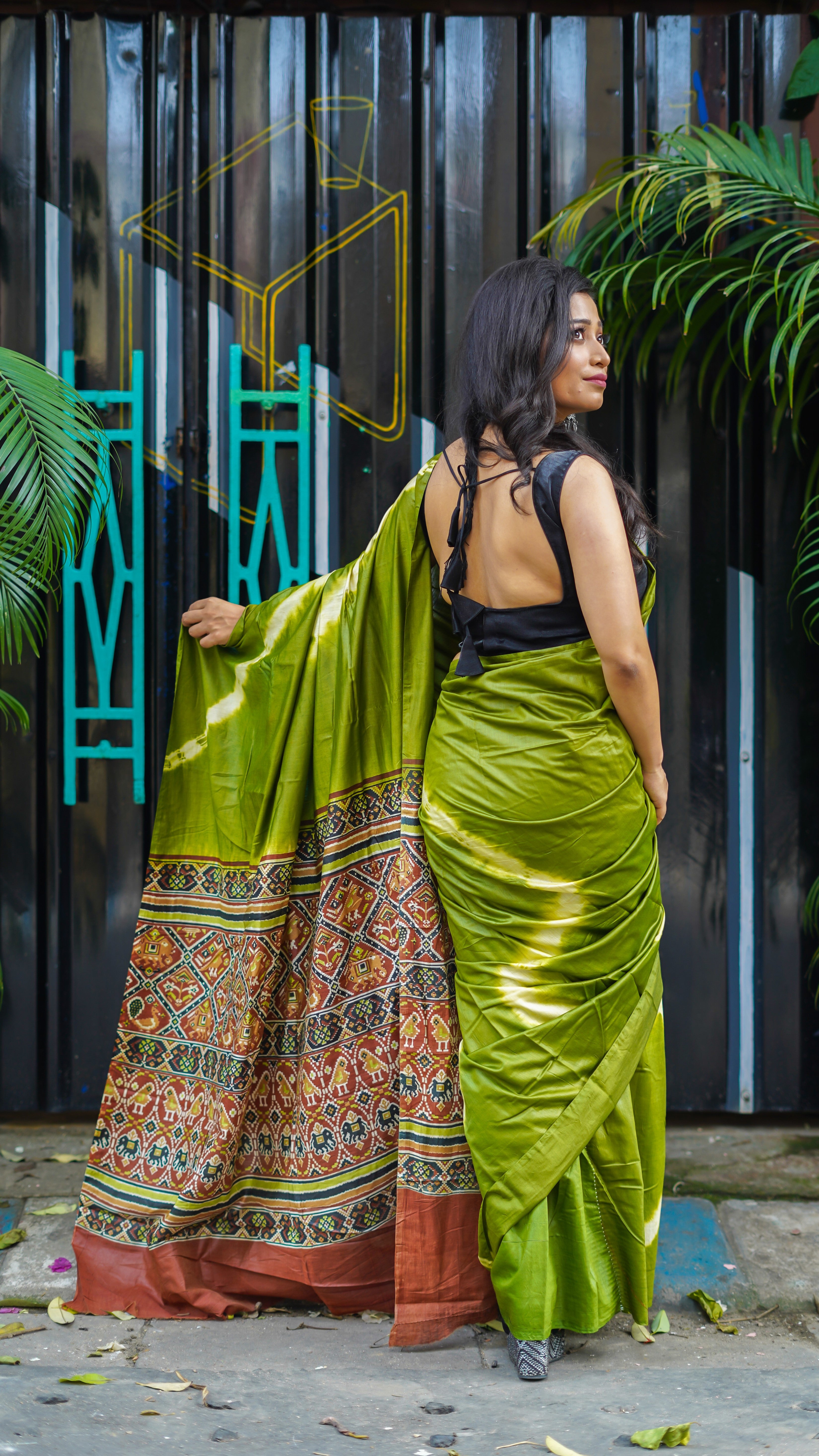 Green Ajrakh pure muslin silk saree