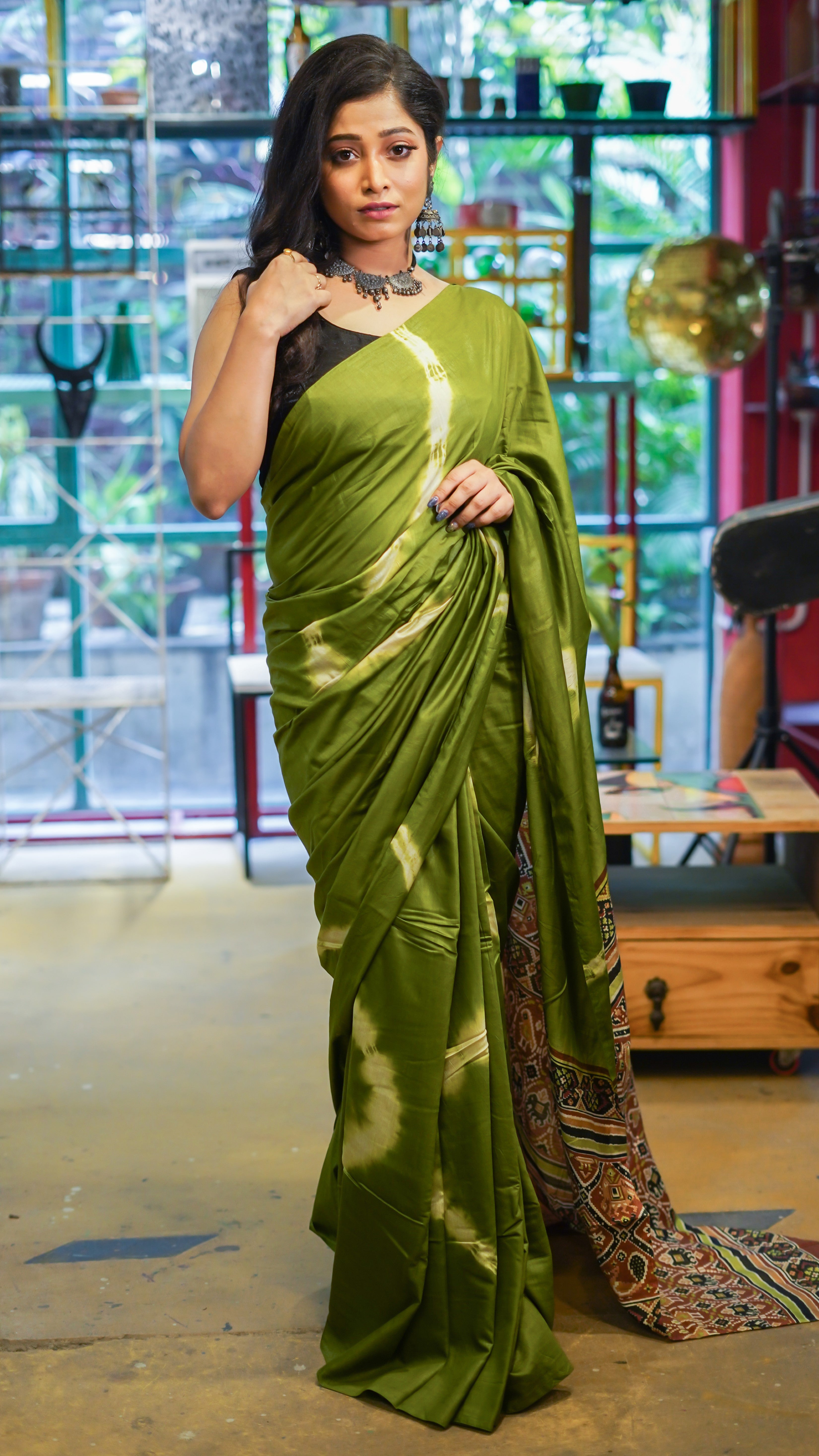 Green Ajrakh pure muslin silk saree