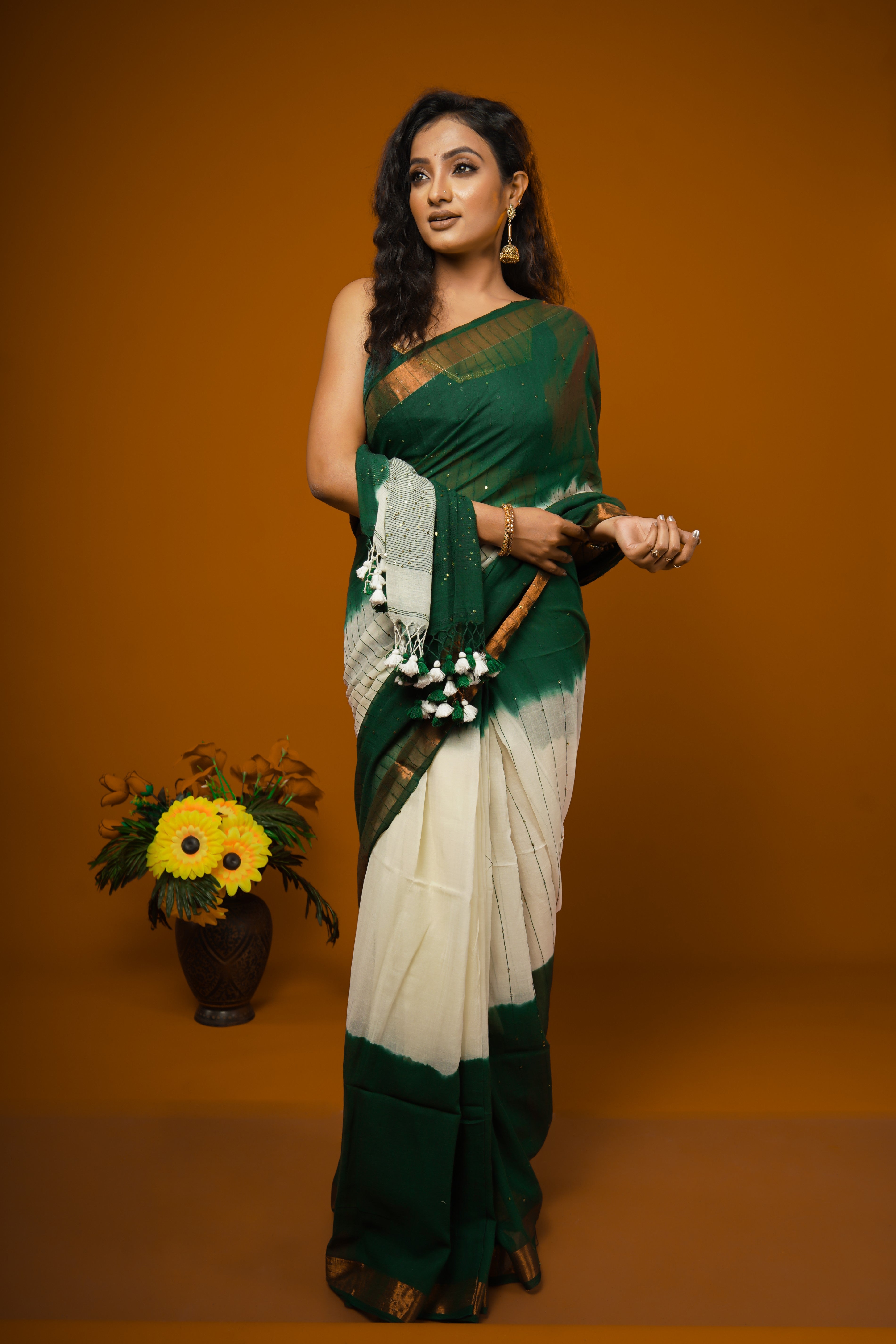 Green & White Rang Bahari Sequence Work Pure Mul Cotton Saree