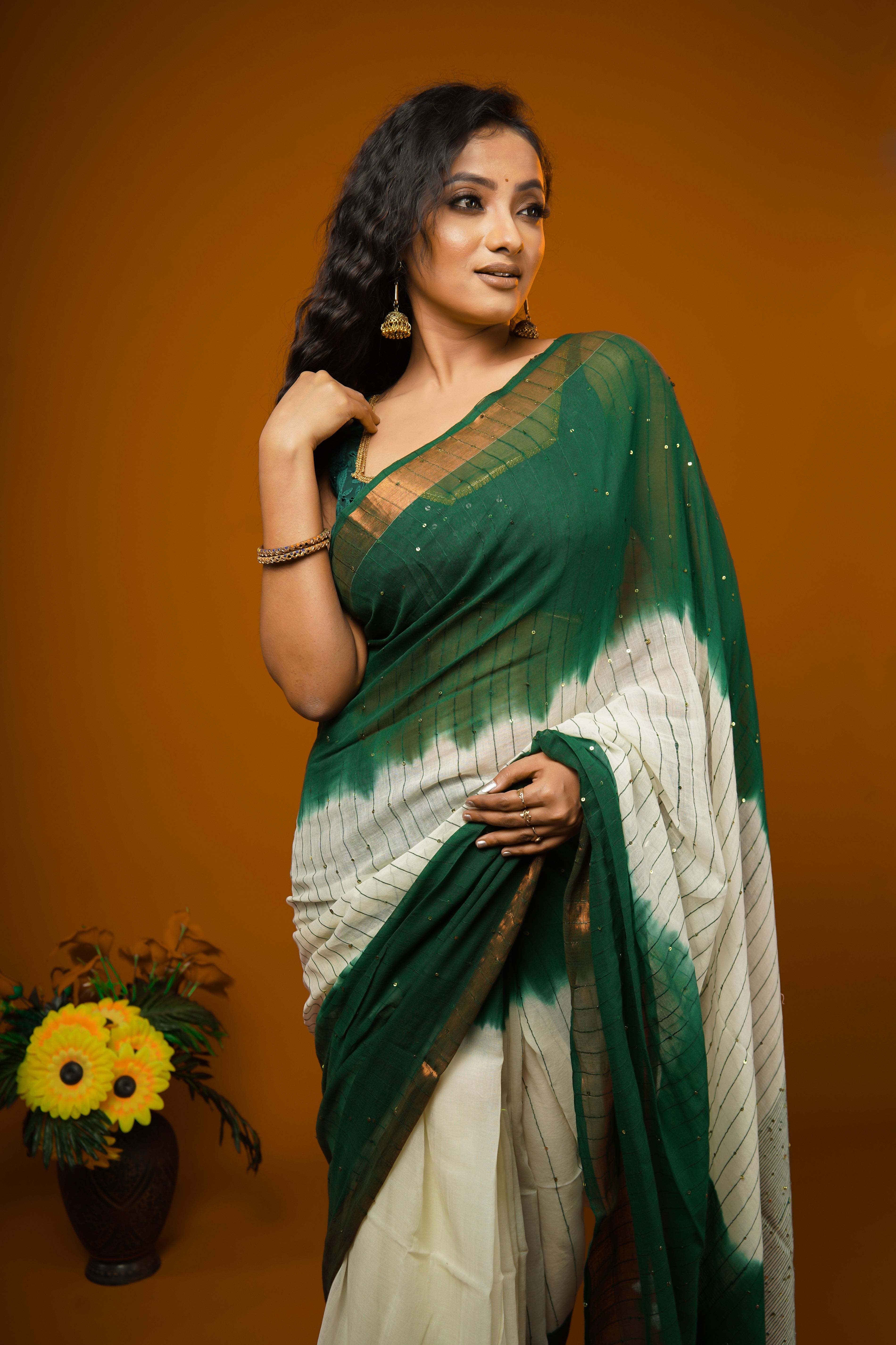 Green & White Rang Bahari Sequence Work Pure Mul Cotton Saree