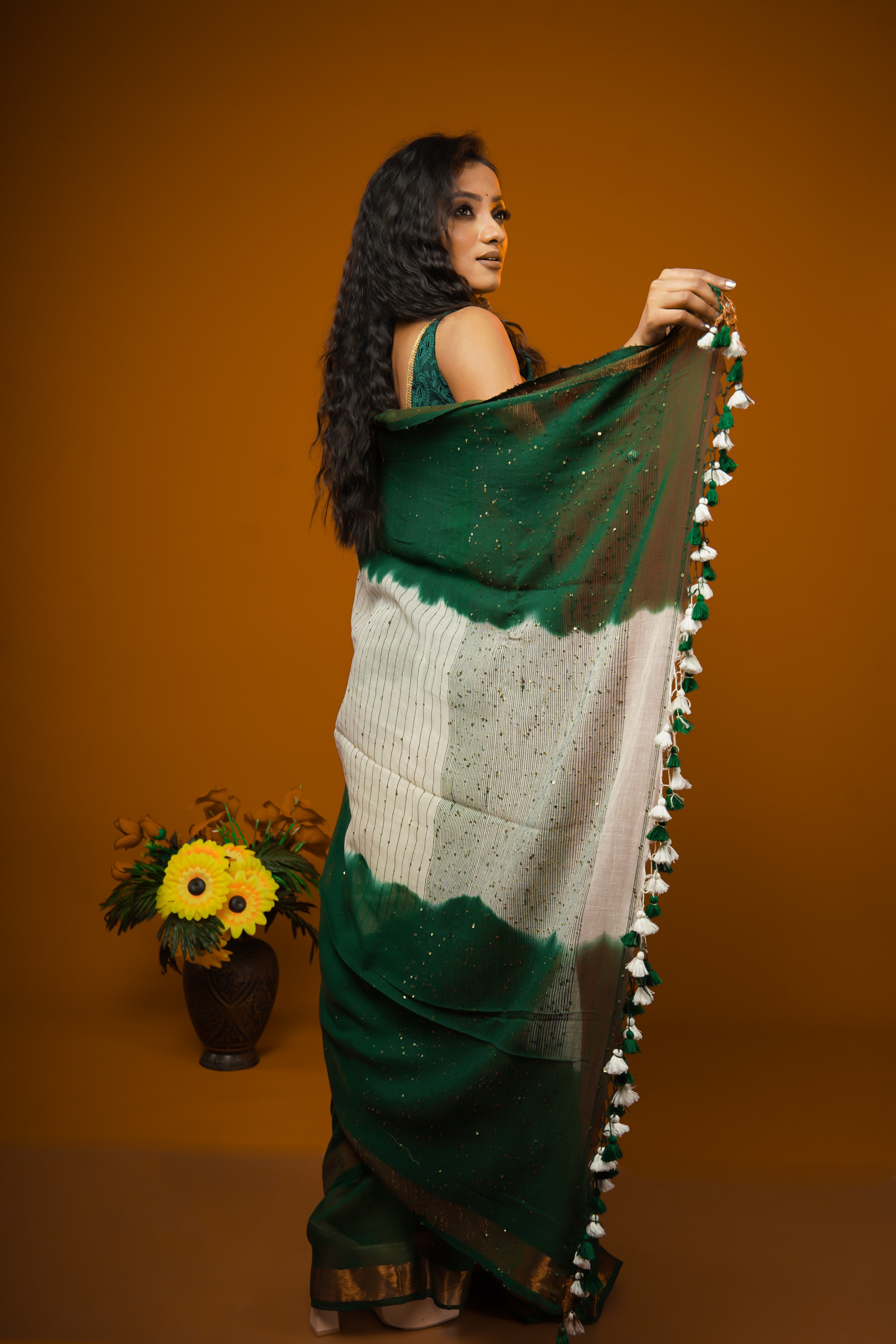 Green & White Rang Bahari Sequence Work Pure Mul Cotton Saree