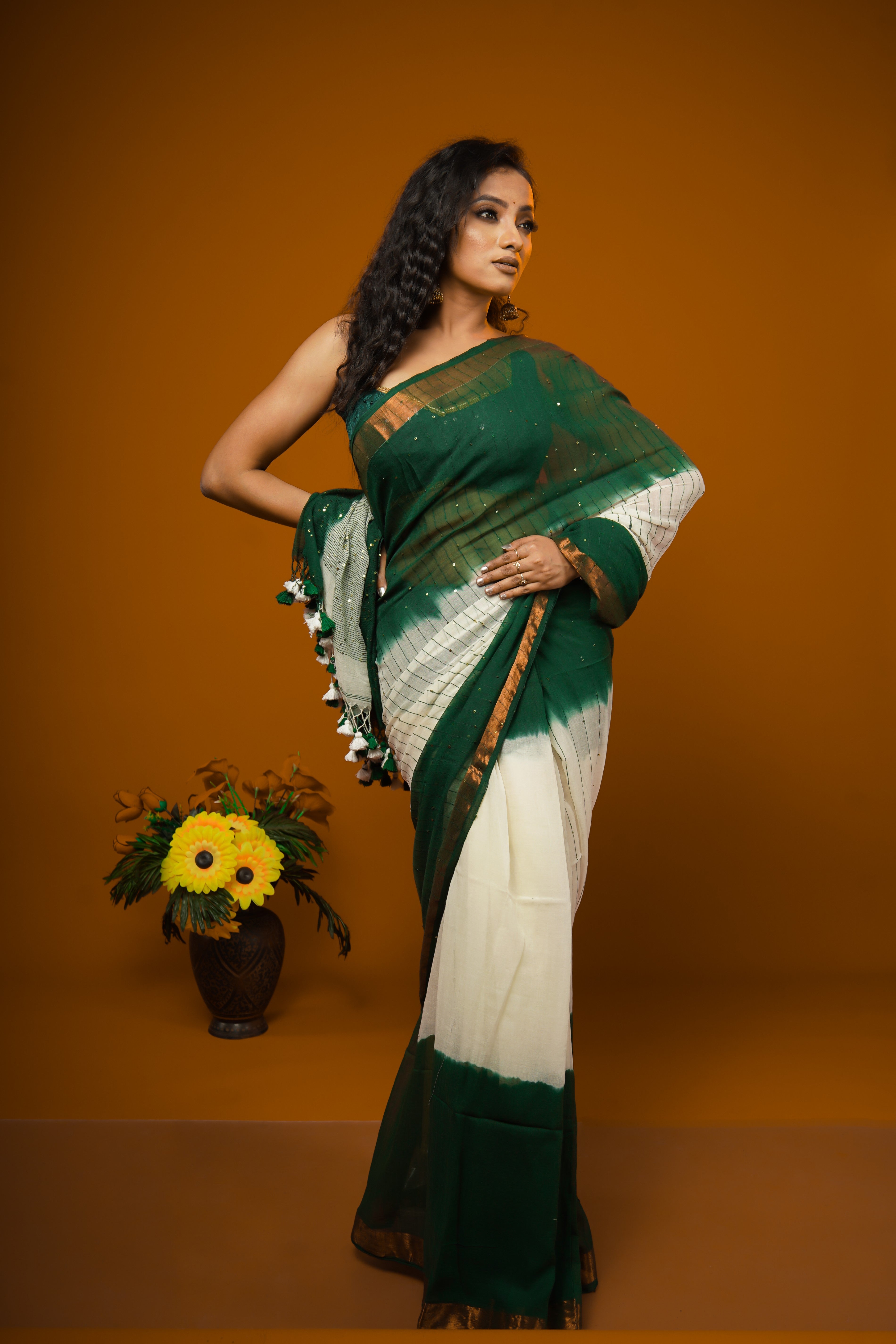 Green & White Rang Bahari Sequence Work Pure Mul Cotton Saree