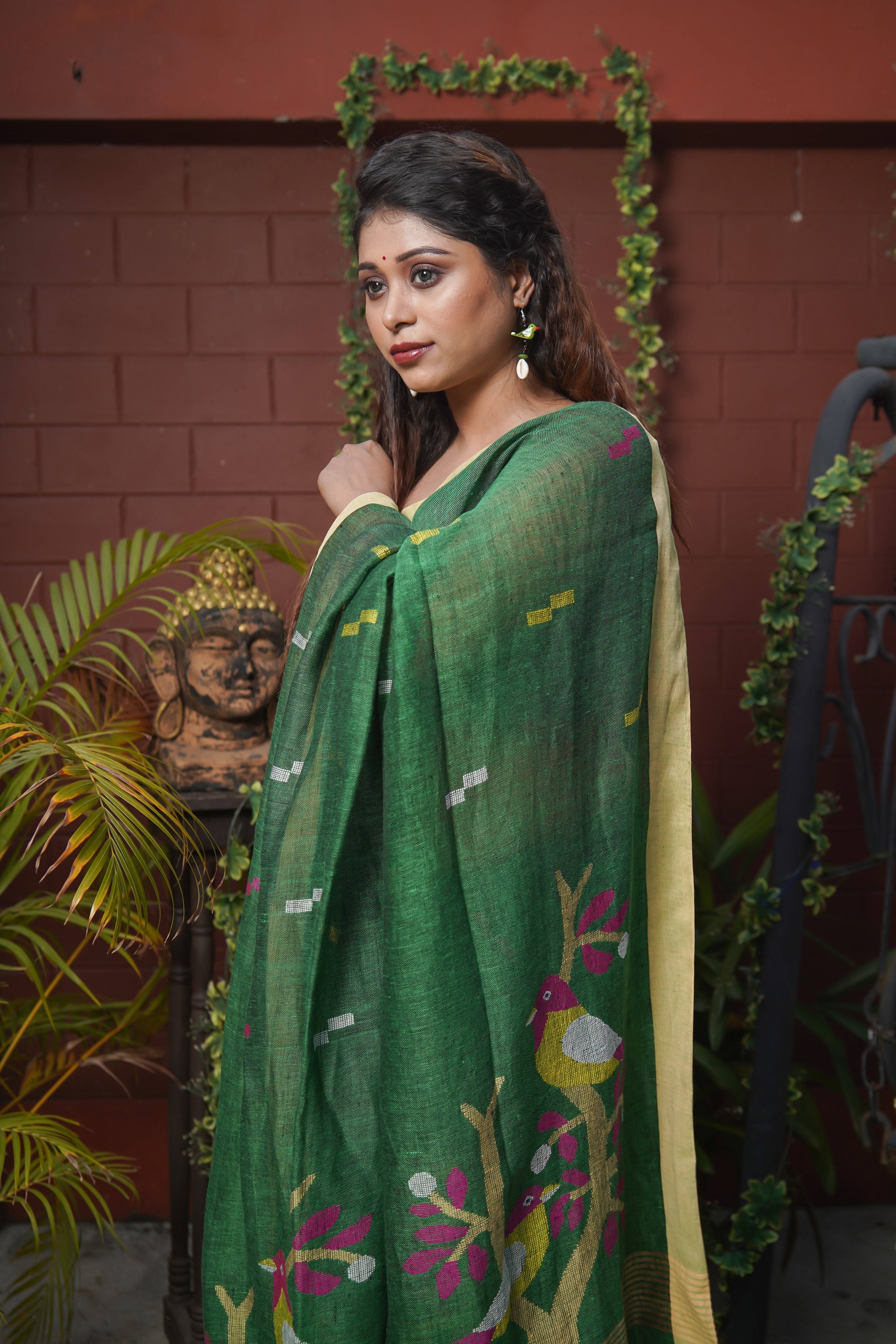 Birds Printed Hand Weaving Linen Jamdani Saree-Green