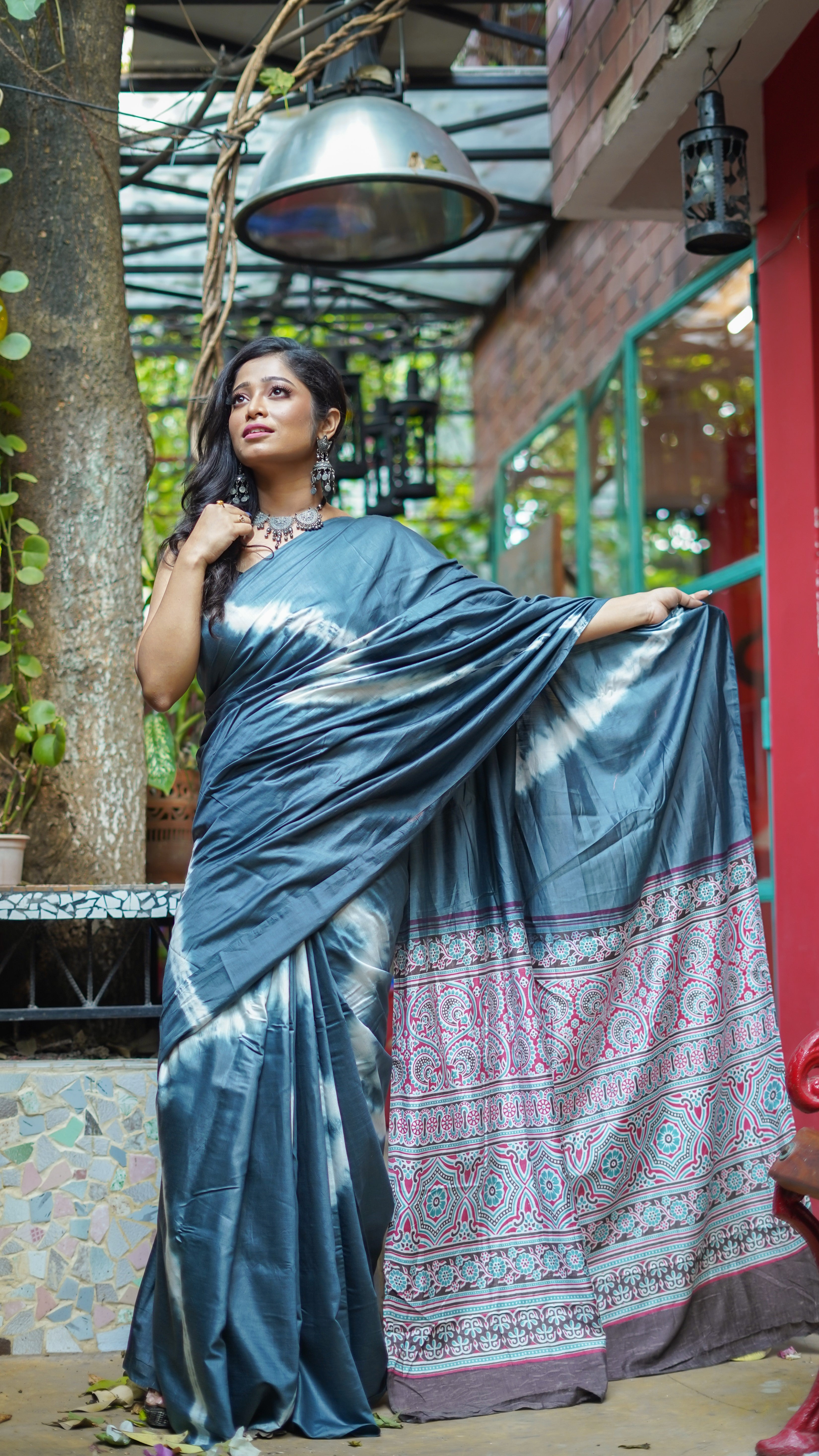 Grey Ajrakh pure muslin silk saree