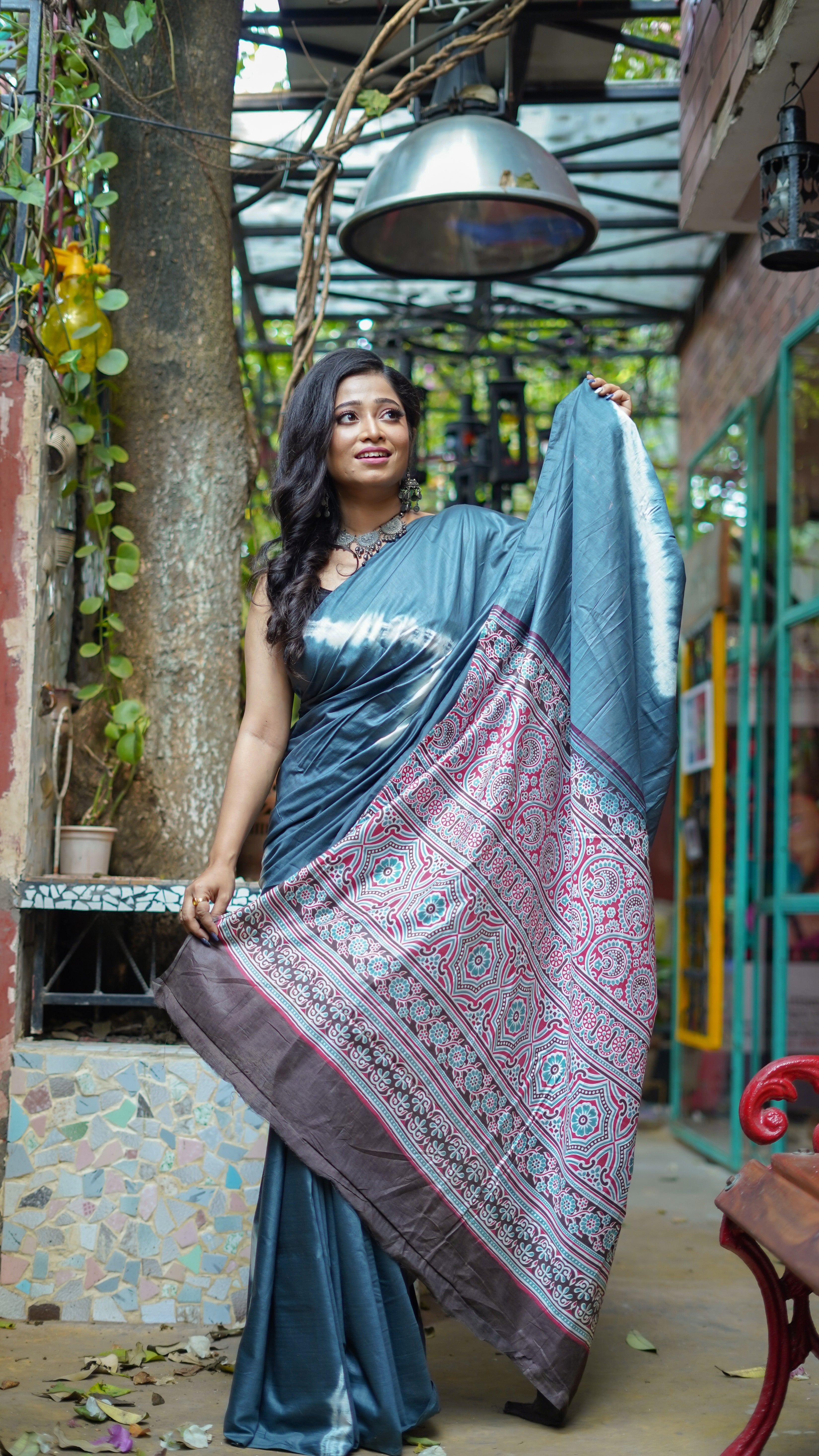 Grey Ajrakh pure muslin silk saree