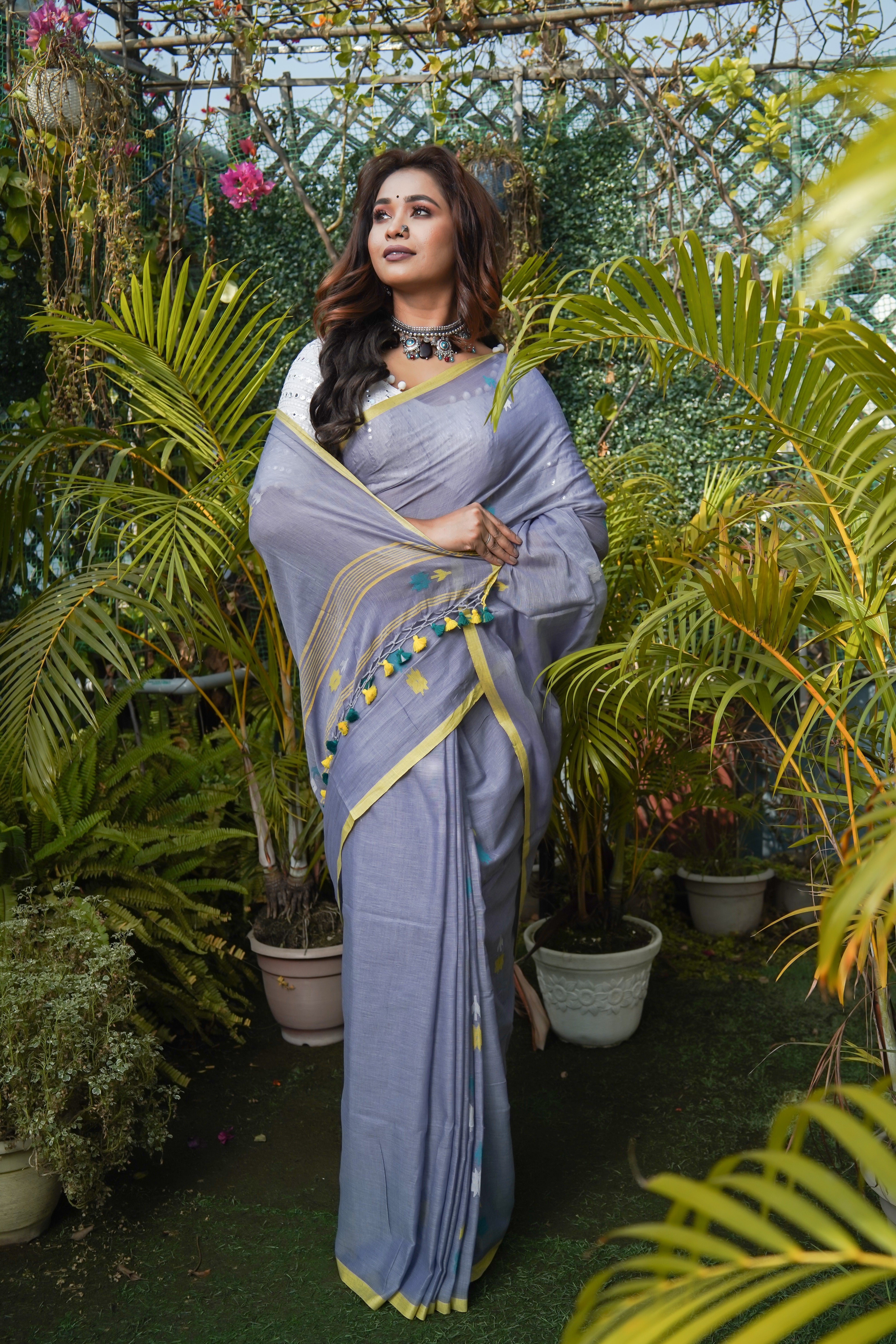 Grey & Blue Hand Weaving Mulmul Cotton Saree