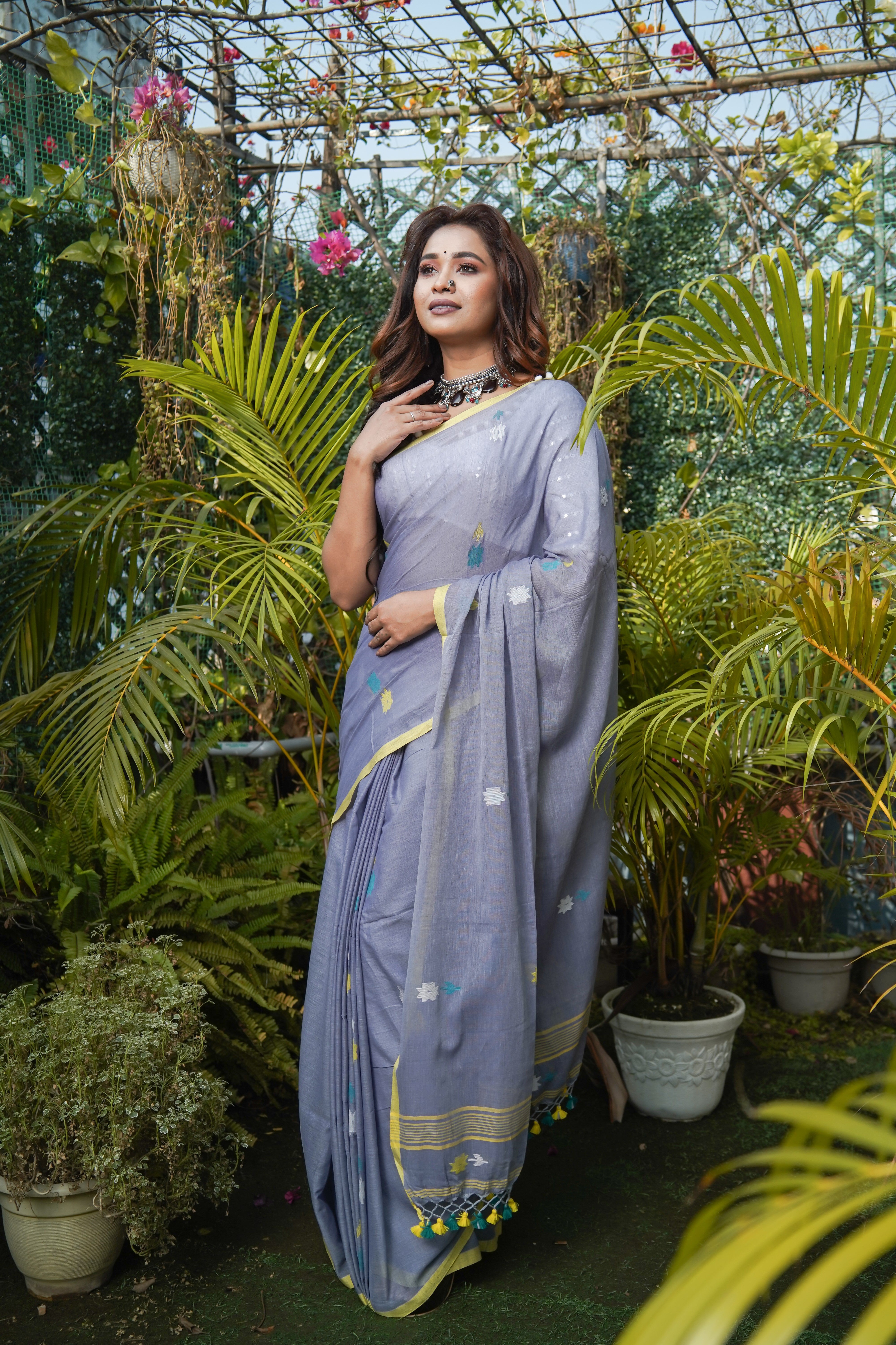 Grey & Blue Hand Weaving Mulmul Cotton Saree