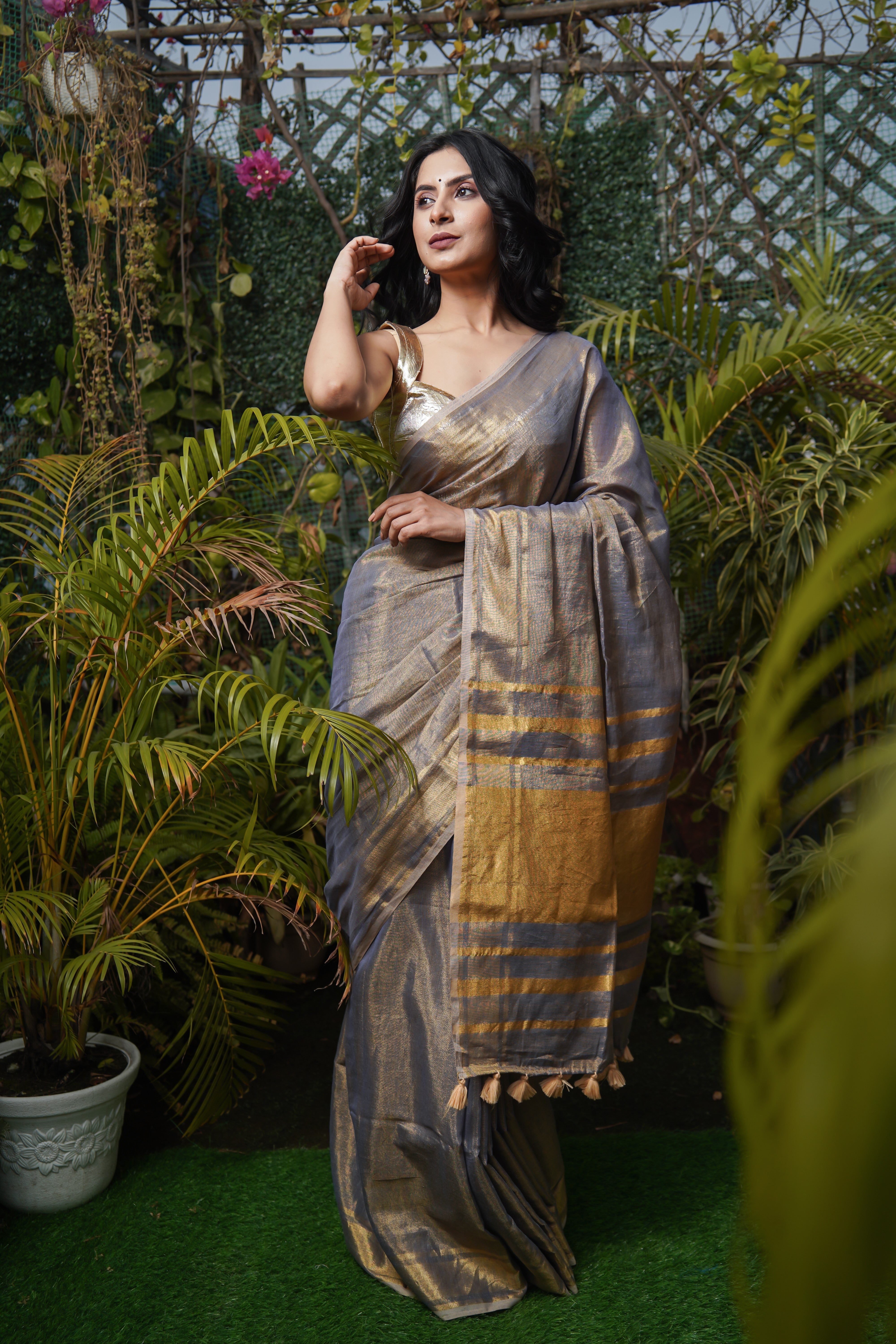 Grey Dual Tone Pure Tissue Linen Saree