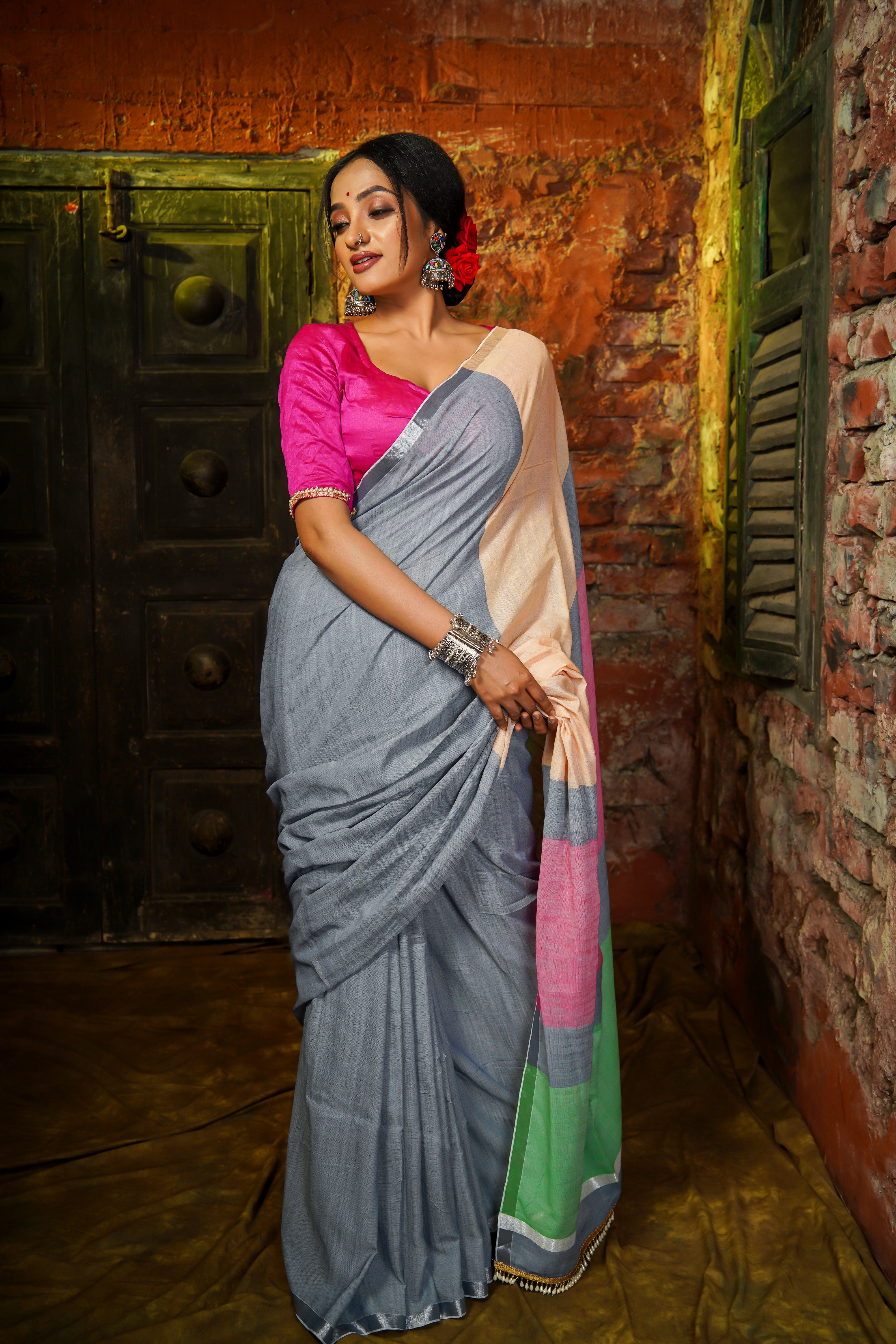 Grey Premium Khadi Cotton Saree