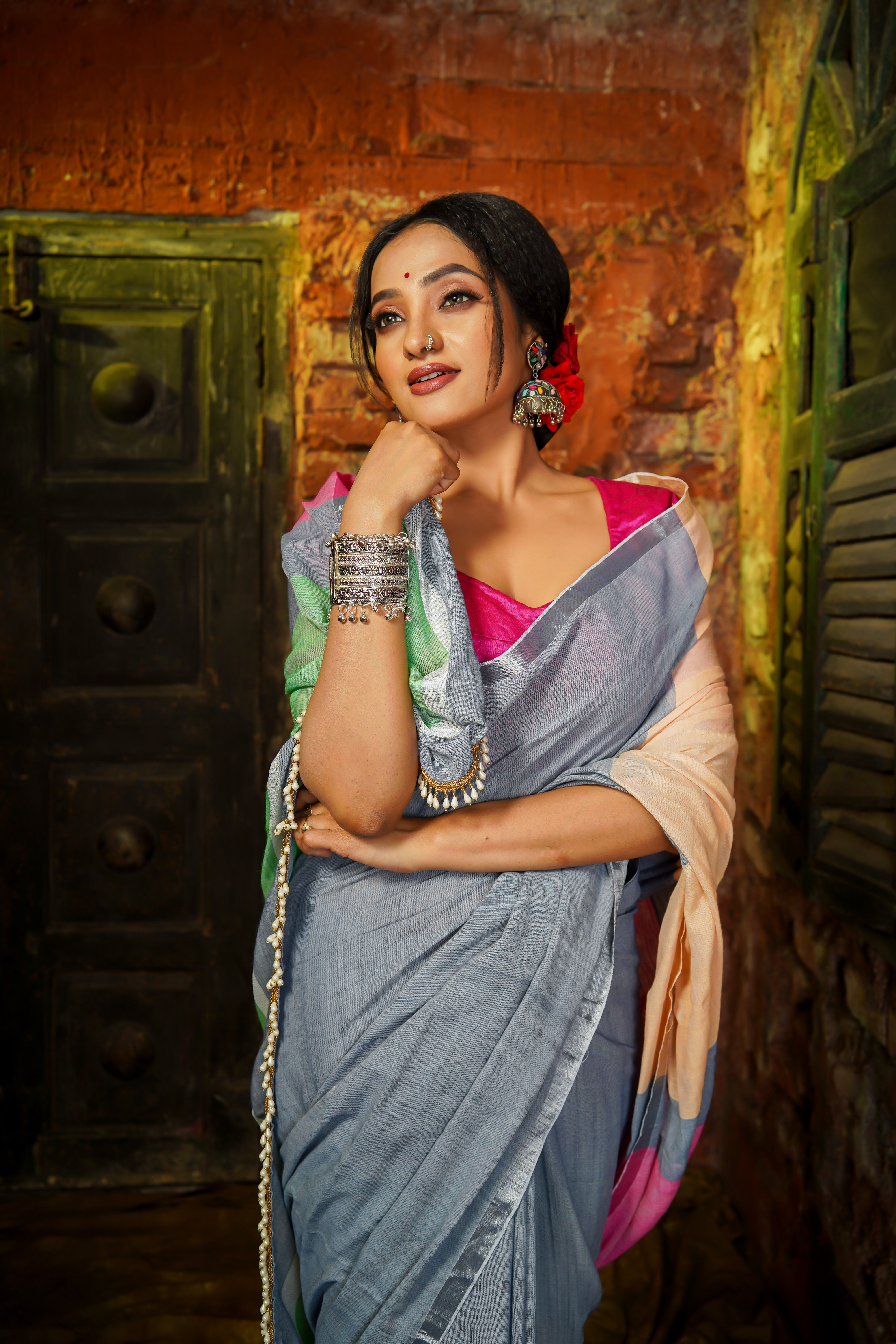 Grey Premium Khadi Cotton Saree