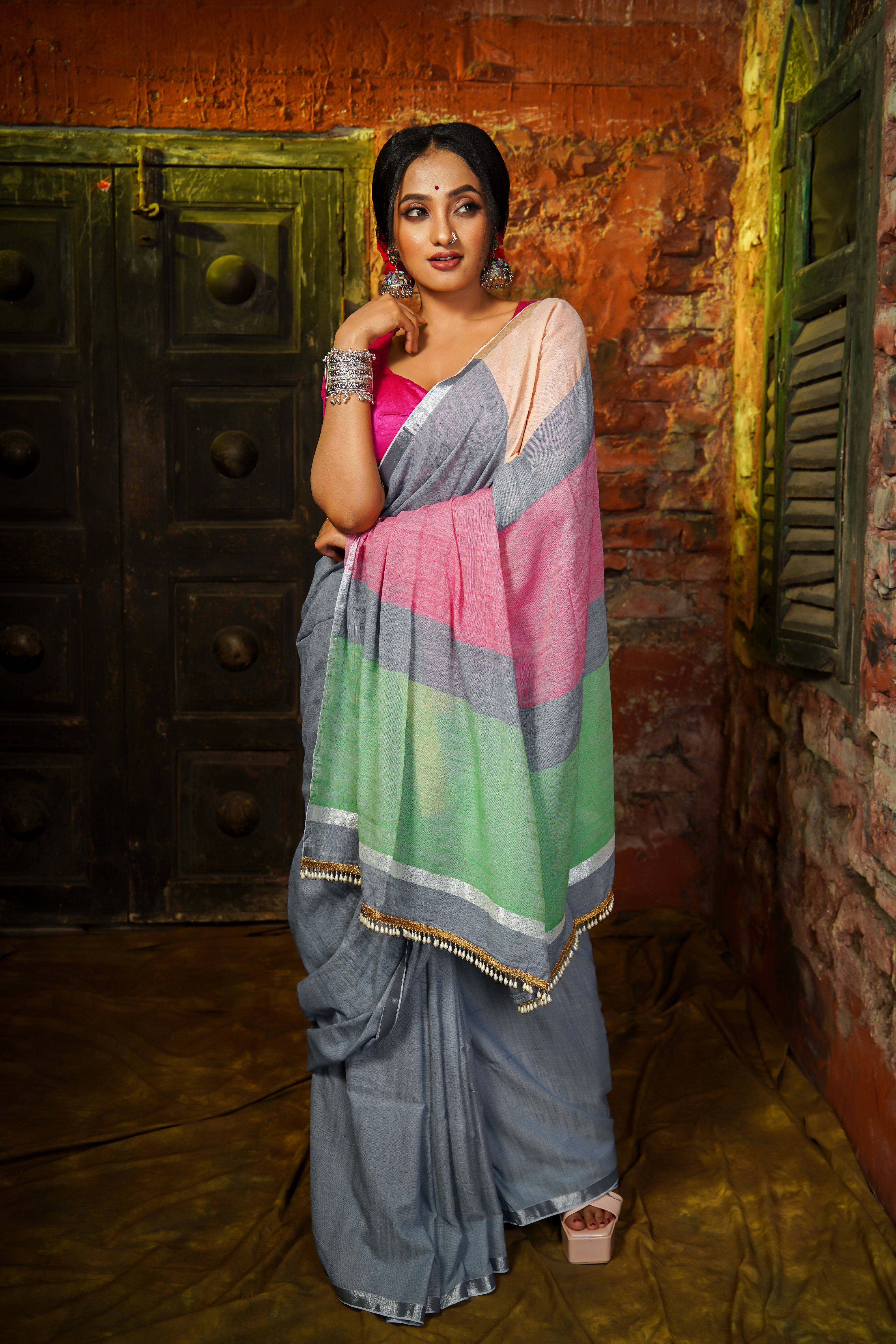 Grey Premium Khadi Cotton Saree