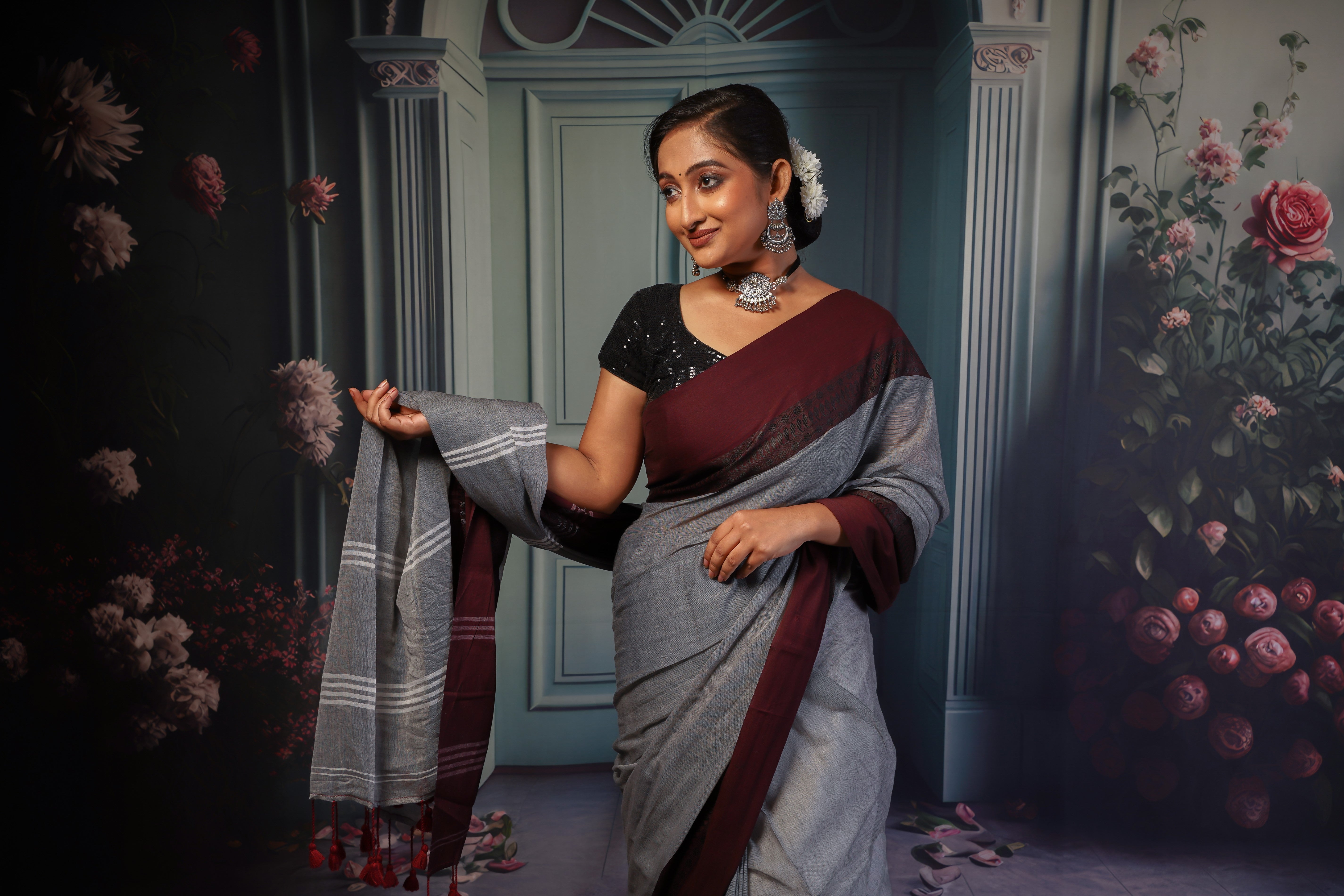 Grey & Maroon pure mulmul cotton saree