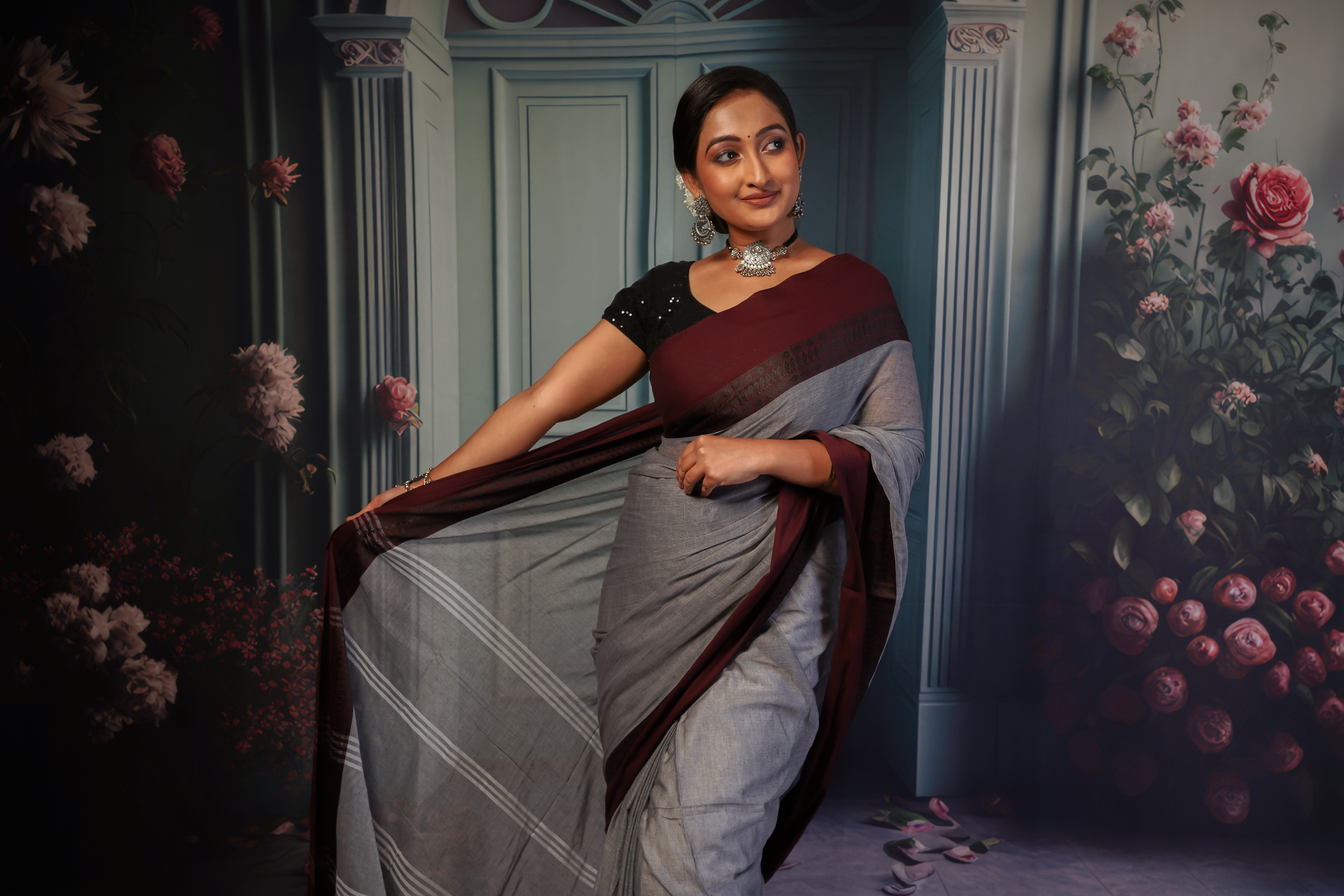 Grey & Maroon pure mulmul cotton saree