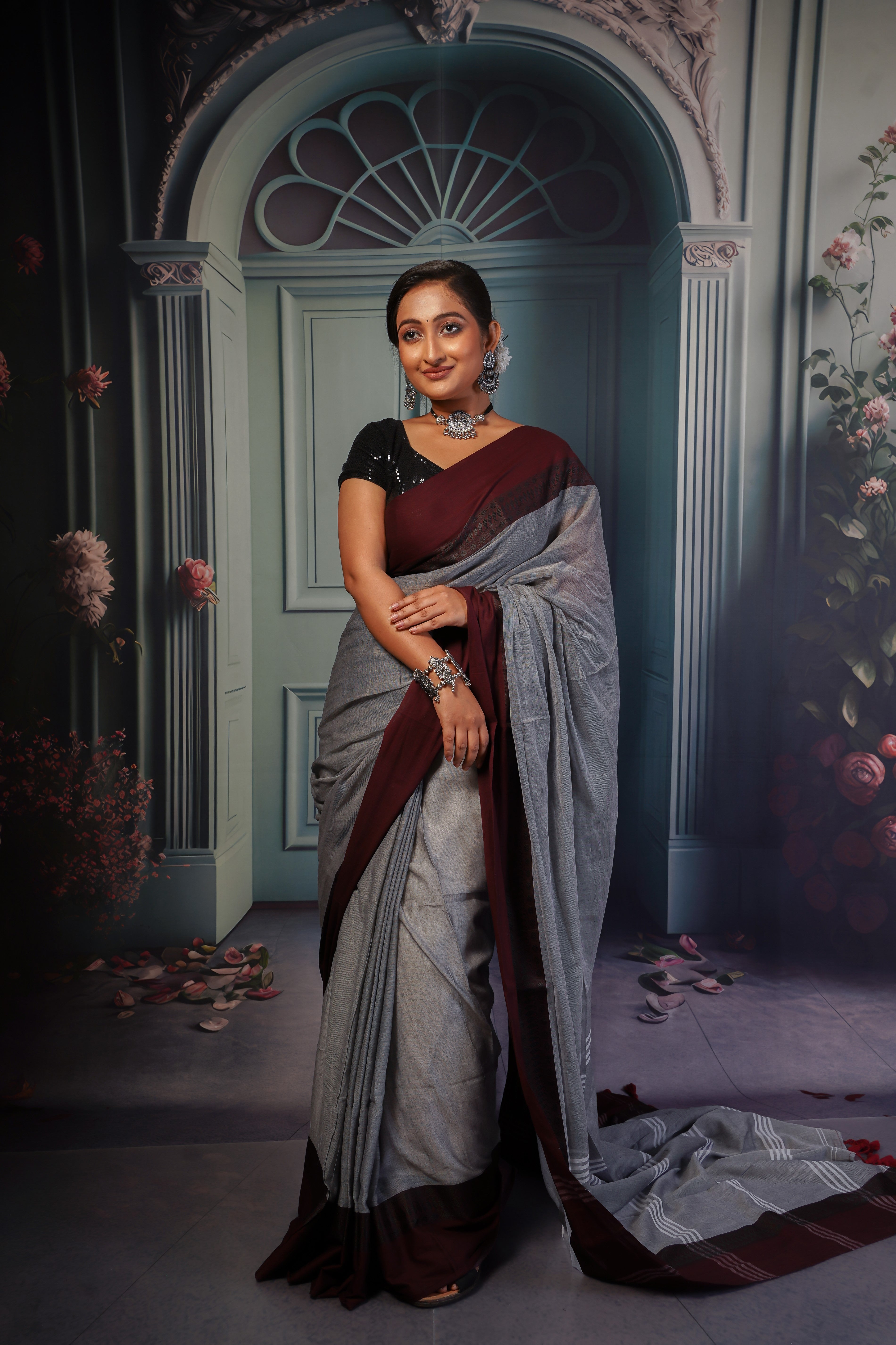 Grey & Maroon pure mulmul cotton saree