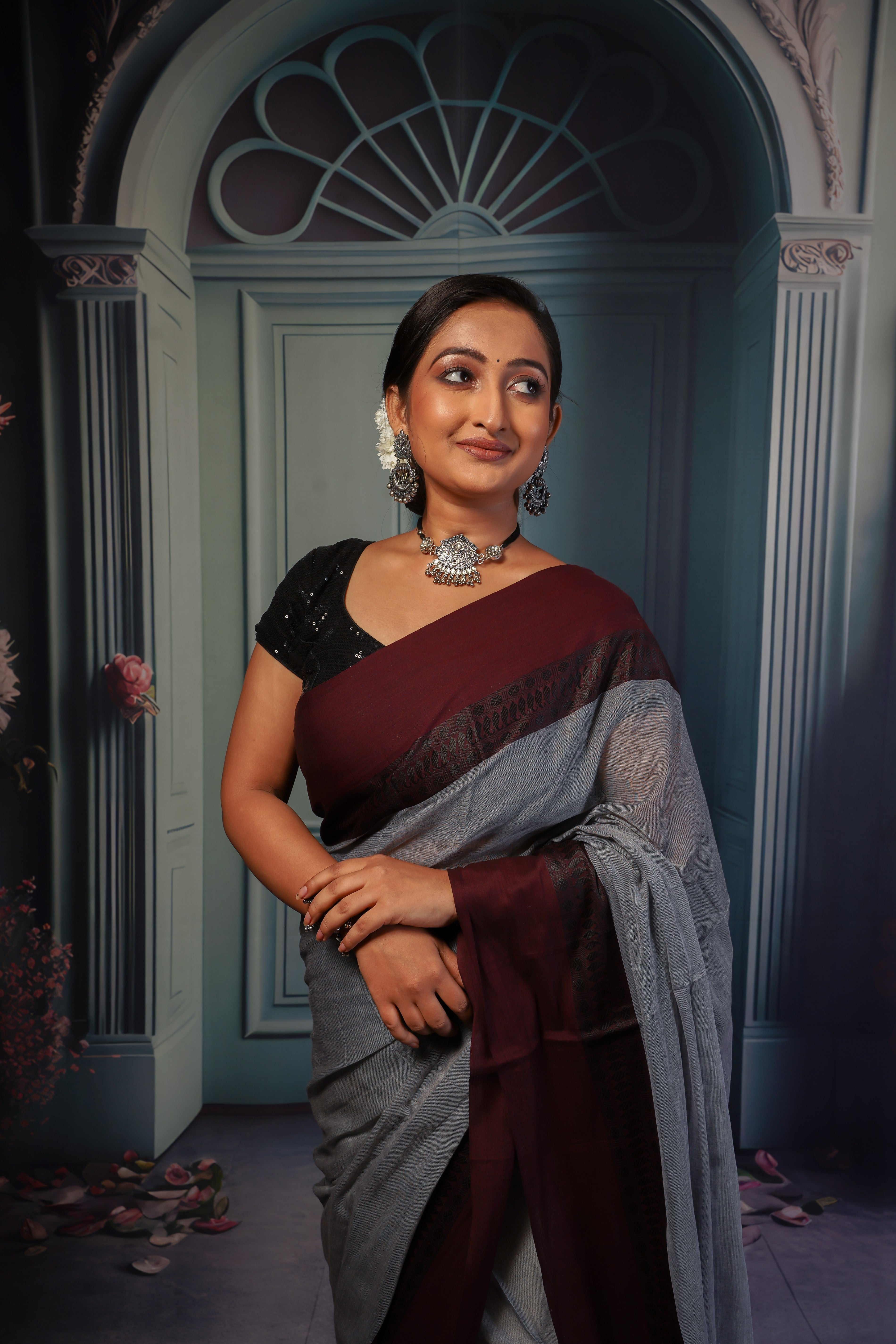 Grey & Maroon pure mulmul cotton saree